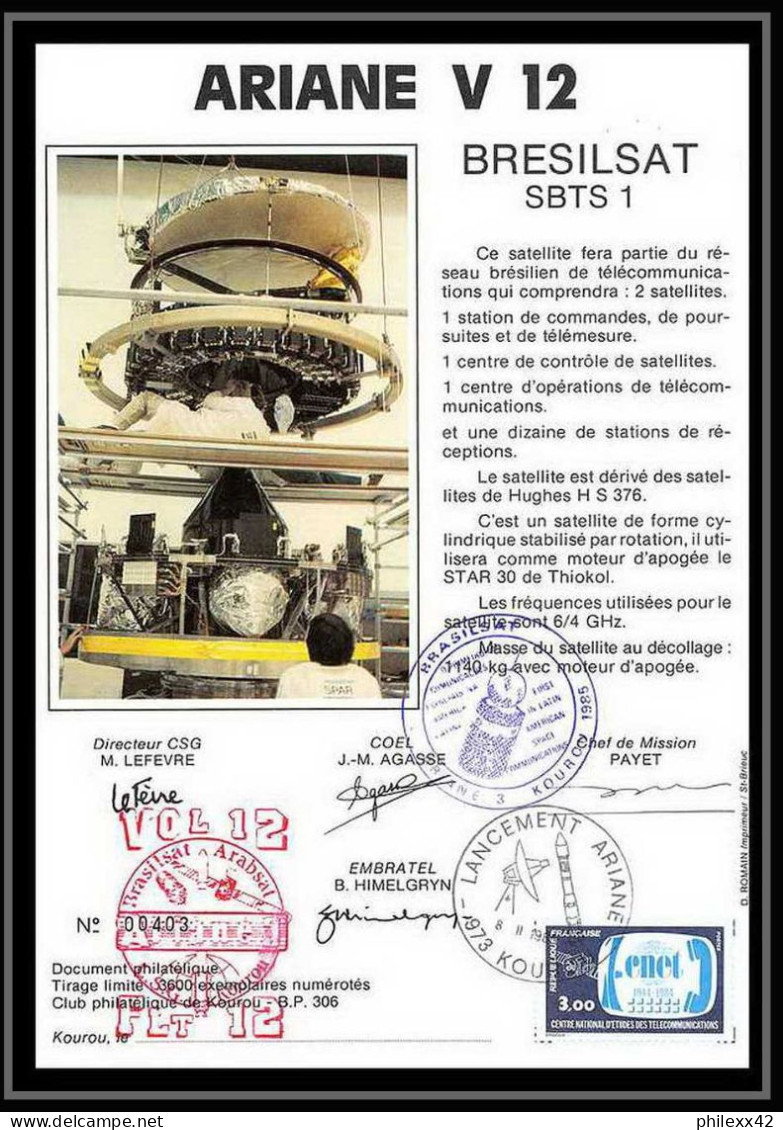 12098 Ariane V 12 1985 Bresilsat Arabsat Lot De 2 Signé Signed Autograph France Espace Espace Space Lettre Cover - Europa