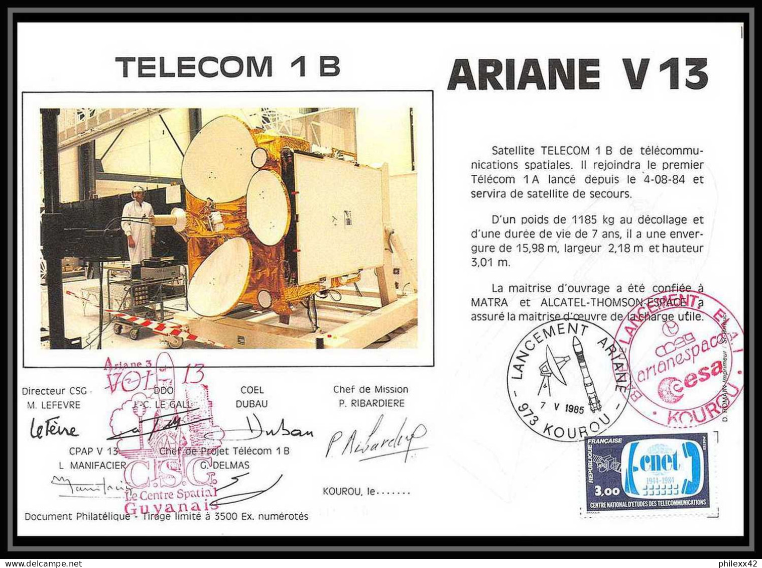 12099 Ariane V 13 1985 Telecom 1b Gstar 1 Lot De 2 Signé Signed Autograph France Espace Espace Space Lettre Cover - Europe