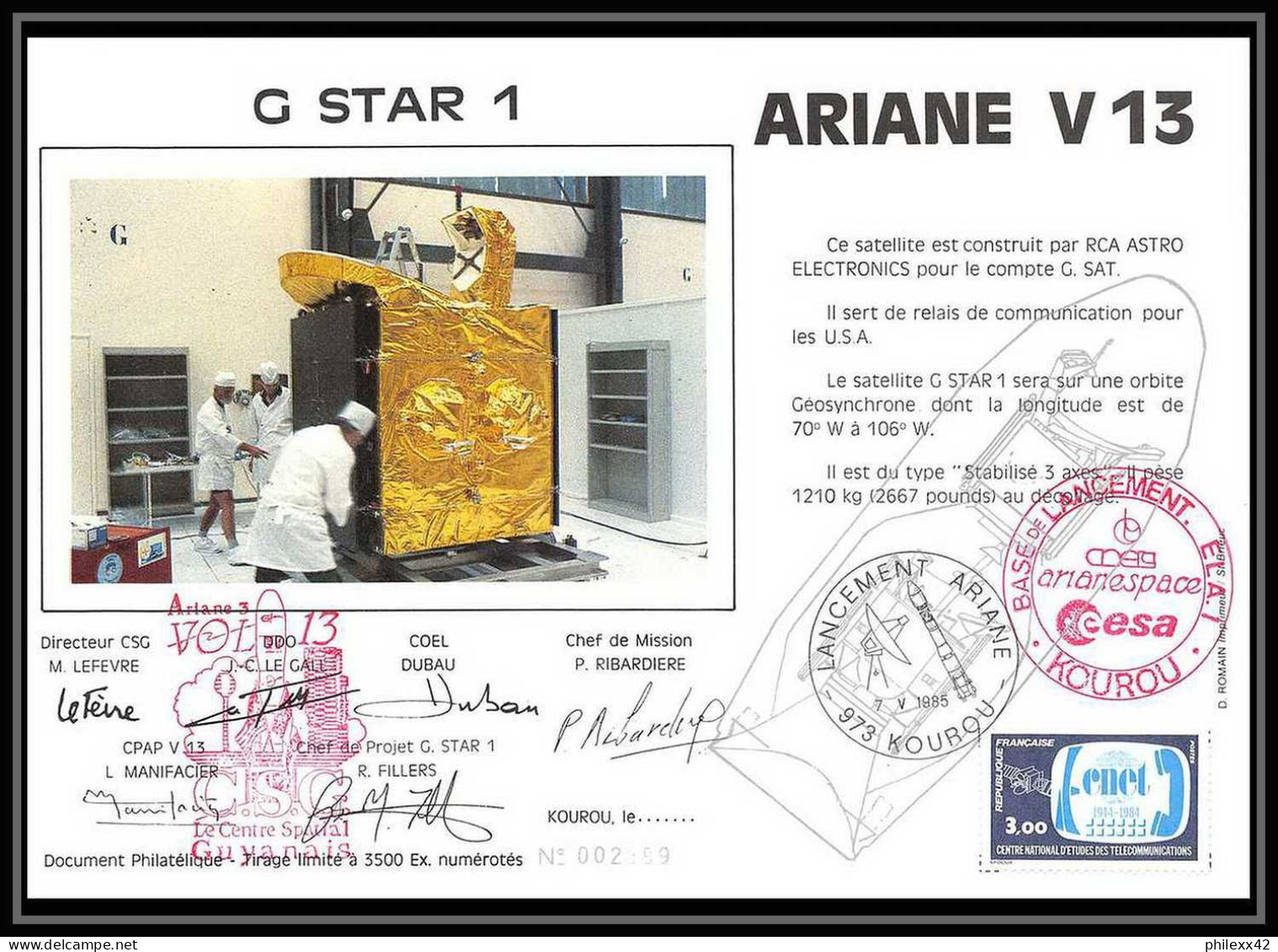 12099 Ariane V 13 1985 Telecom 1b Gstar 1 Lot De 2 Signé Signed Autograph France Espace Espace Space Lettre Cover - Europe