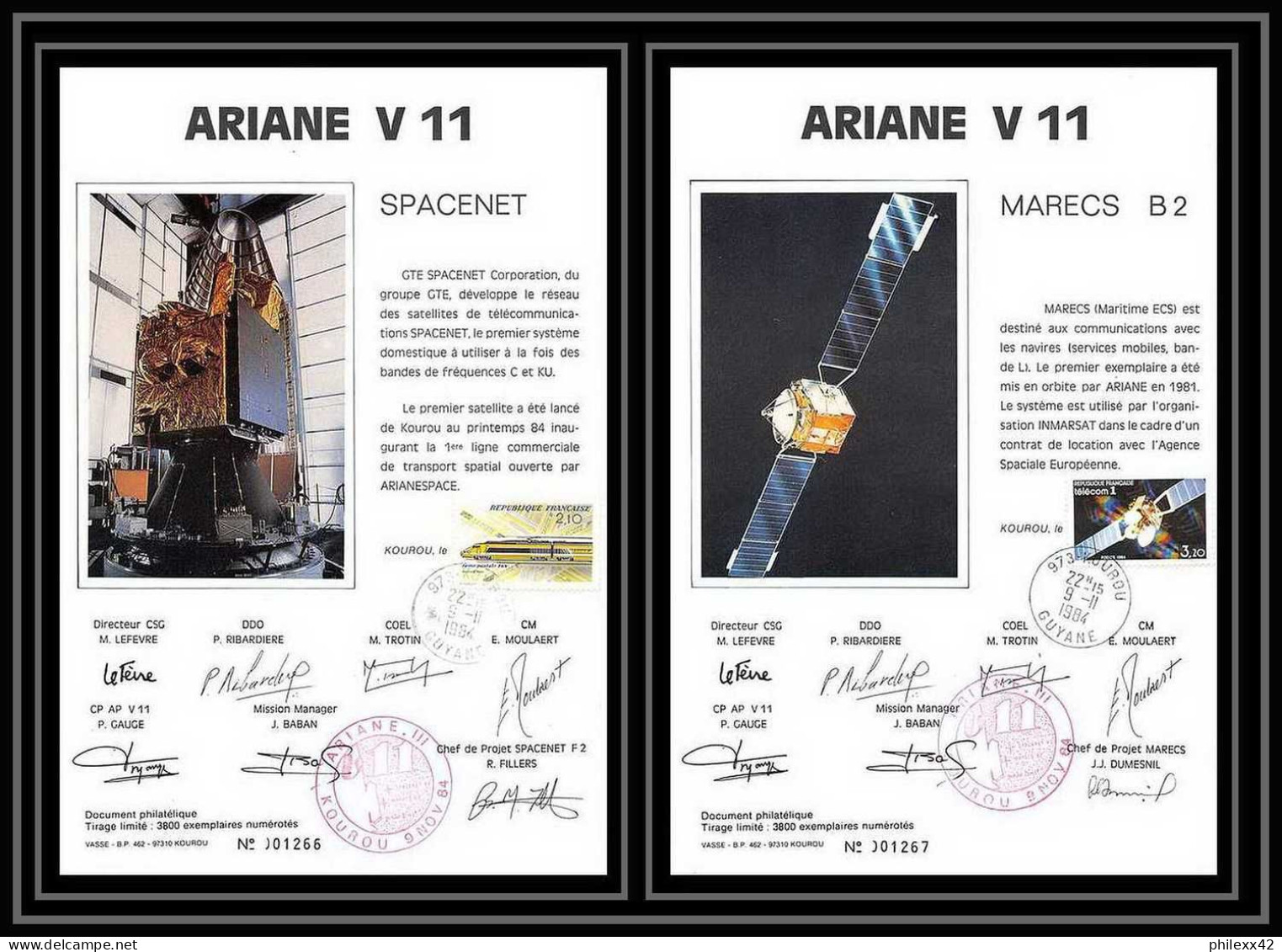 12097 Ariane V 11 1984 Spacenet Marecs B2 Lot De 2 Signé Signed Autograph France Espace Espace Space Lettre Cover - Europa