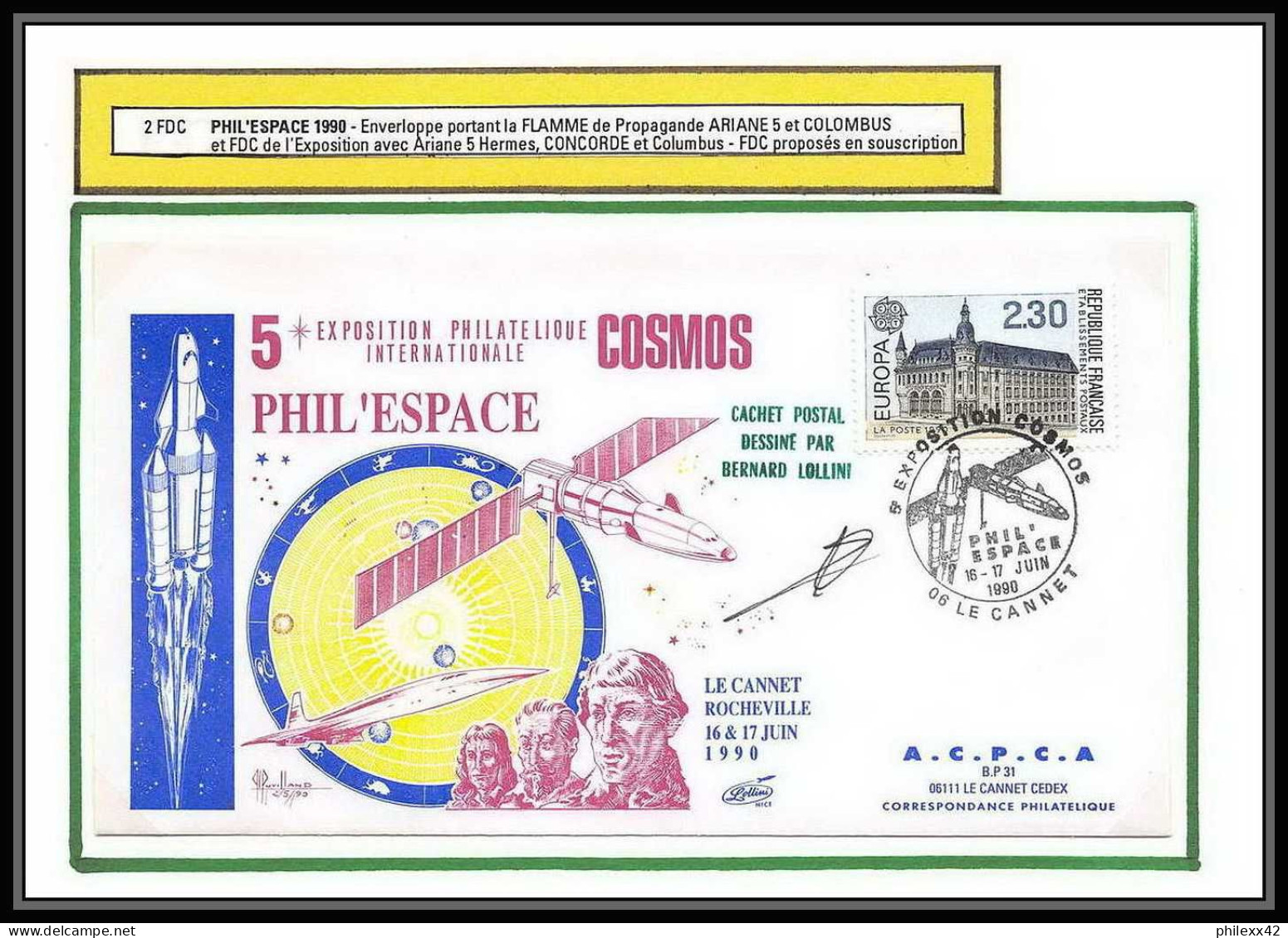 12067 Souscription Phil'espace Cosmos 1990 Le Cannet Ariane 5 Columbus Signé Lollini France Espace Space Lettre Cover - Europa