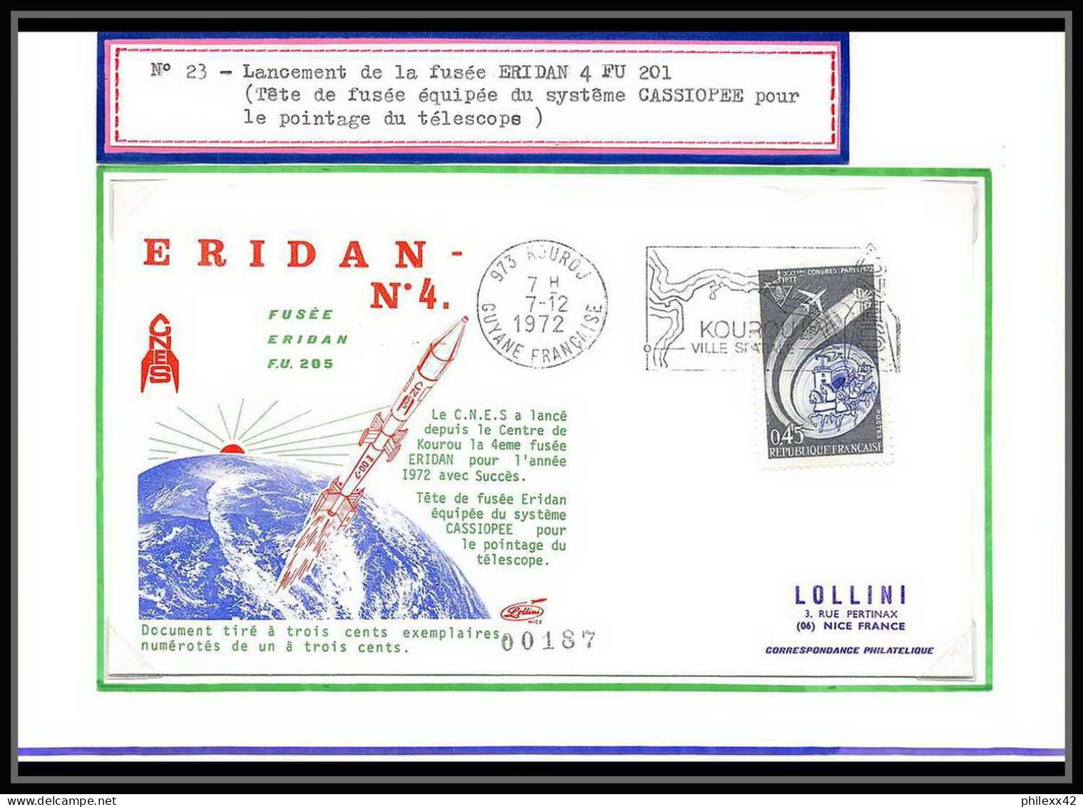 12008 Tirage 300 Lollini 23 Eridan 3 Fu 205 1972 France Espace (space Raumfahrt) Lettre (cover Briefe) - Europa