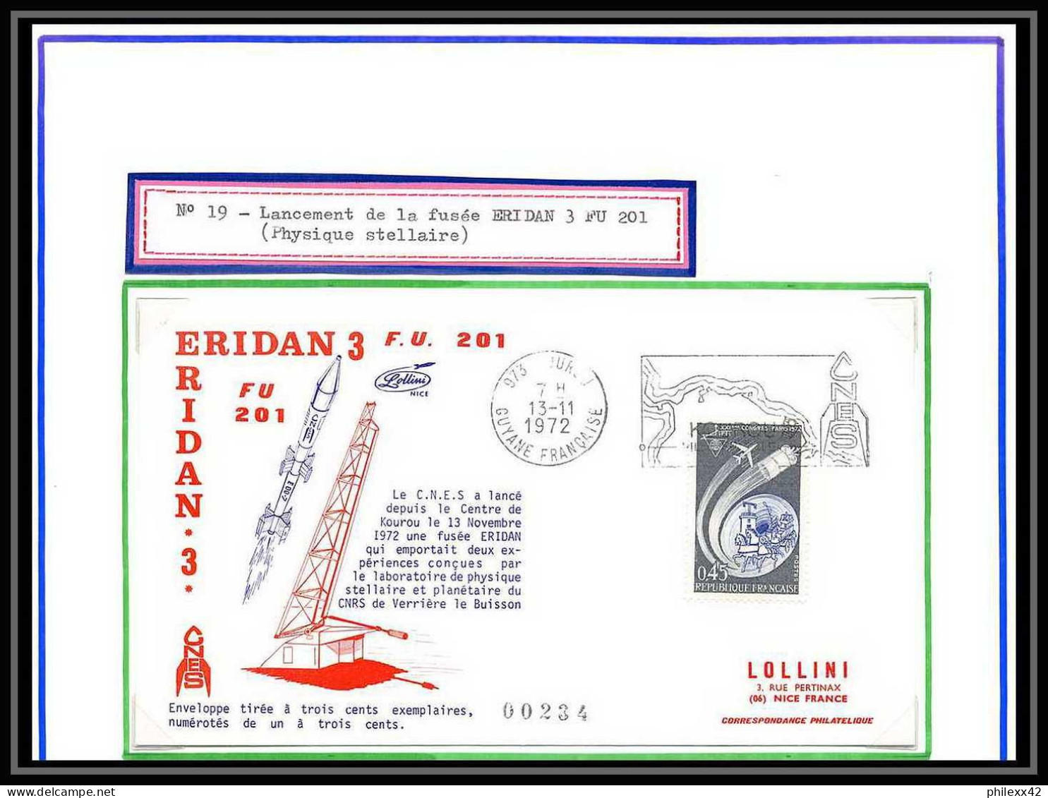 12007 Tirage 300 Lollini 17 Eridan 3 Fu 201 1972 France Espace (space Raumfahrt) Lettre (cover Briefe) - Europa