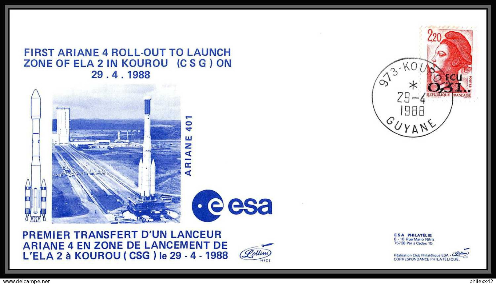 11984 First Ariane 4 Roll-out 1988 Lollini France Espace (space Raumfahrt) Lettre (cover Briefe) - Europe