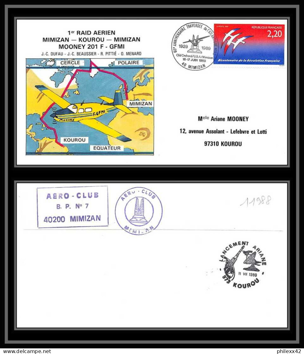 11988 Mimizab 1989 1er Raid Aerien Kourou France Espace (space Raumfahrt) Lettre (cover Briefe) - Europa