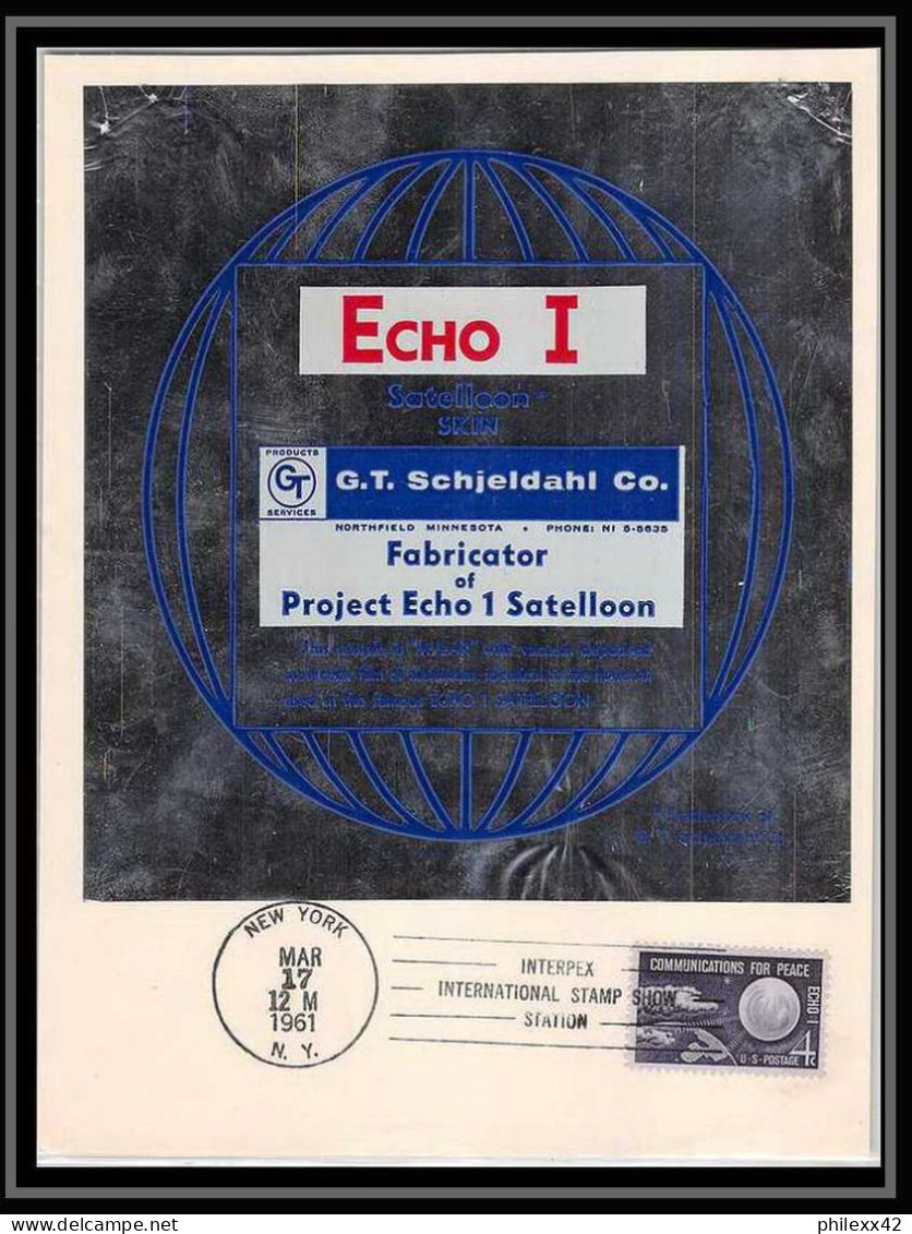 11835/ Espace (space Raumfahrt) Document 17/3/1964 Echo 1 Satelloon Skin Interpex Usa 16x21 Cm - Stati Uniti