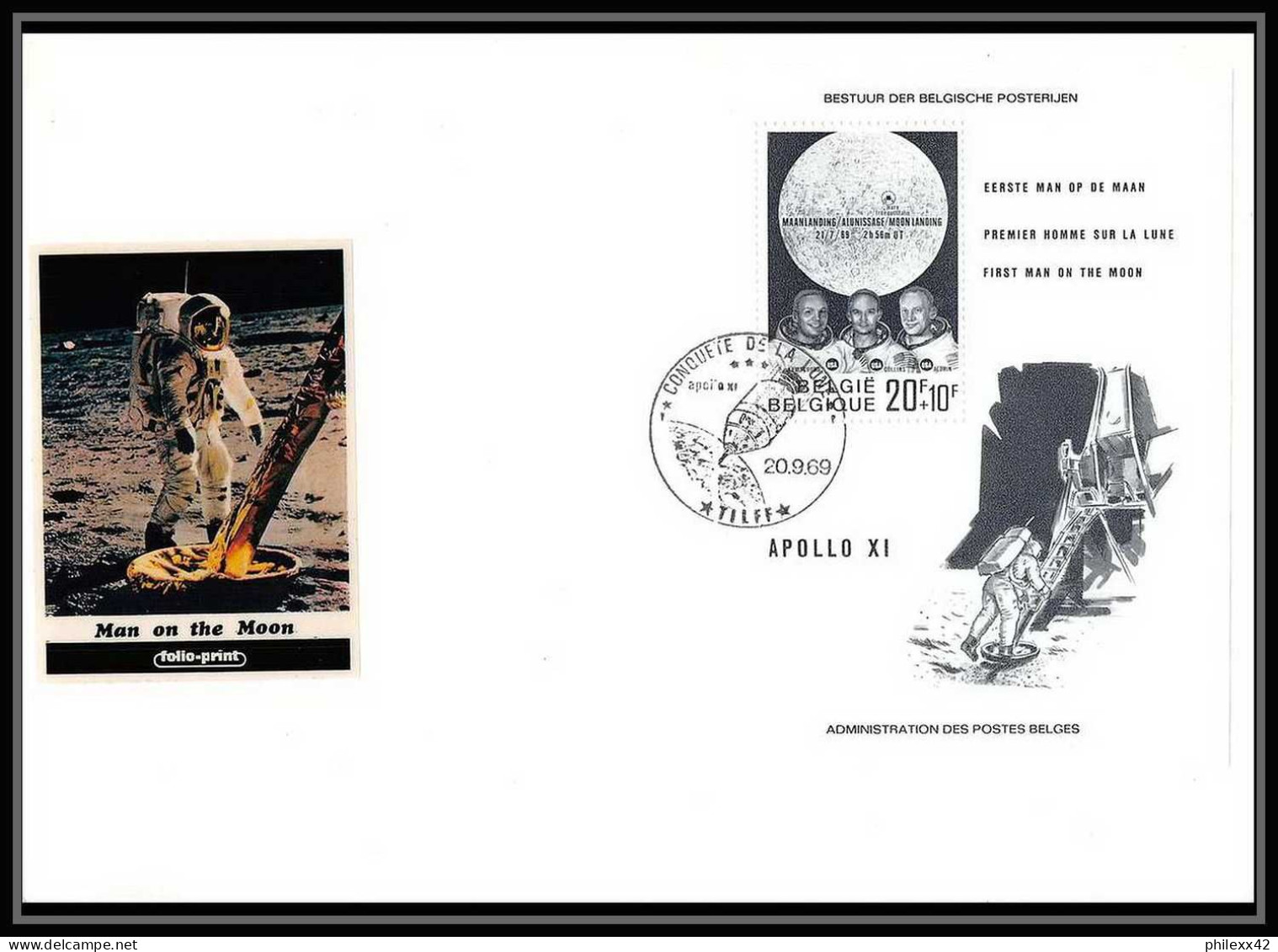 11823/ Espace (space Raumfahrt) Lettre (cover) 20/9/1969 Man On The Moon Folio Print Apollo 11 Belgique (Belgium) - Europe