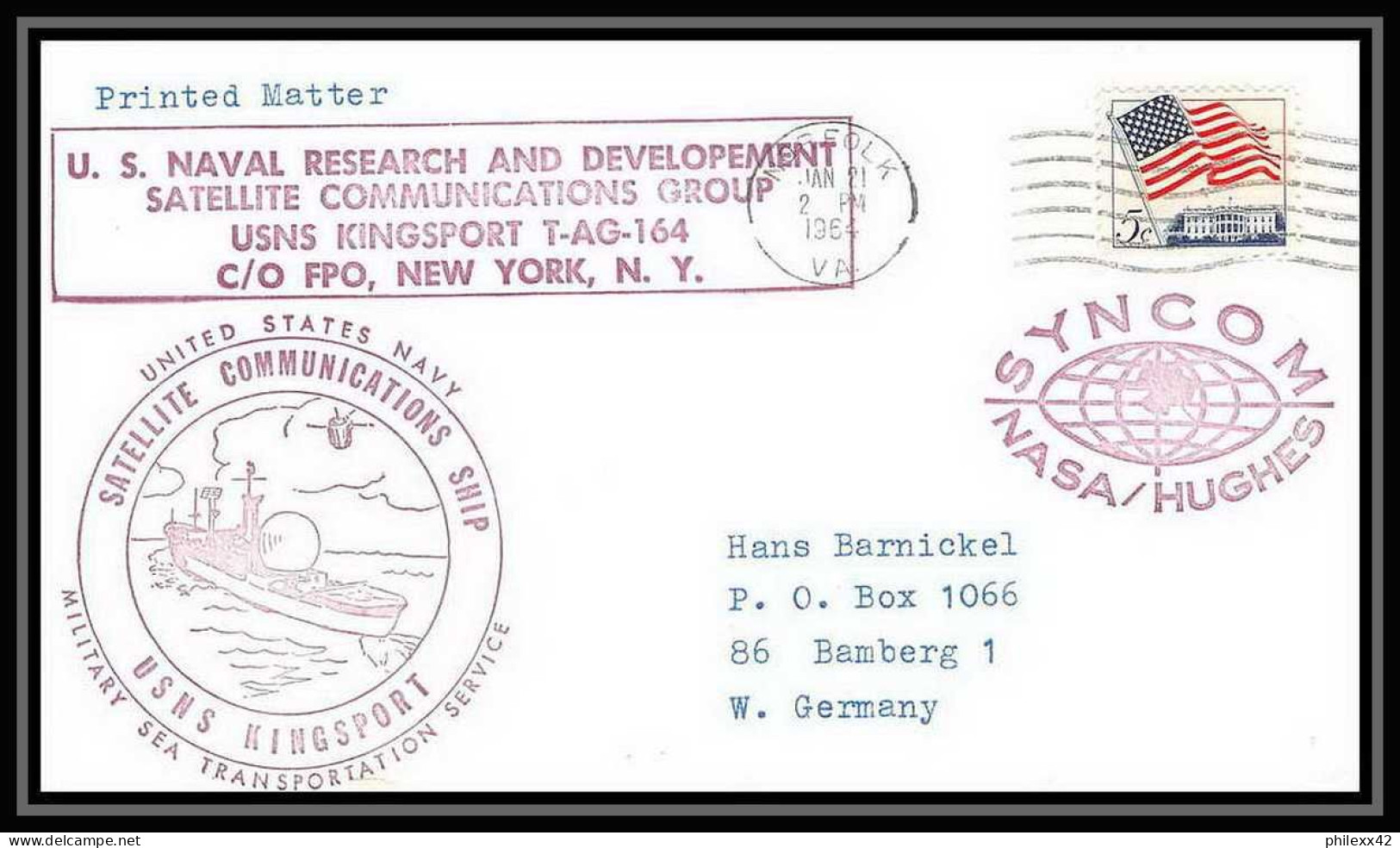 11814/ Espace (space Raumfahrt) Lettre (cover Briefe) 21/1/1964 Syncom Kingsport Usa - Etats-Unis