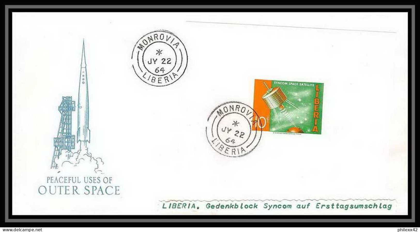 11816/ Espace (space Raumfahrt) Lettre (cover) 22/7/1964 Liberia Outer Space Fdc Syncom Non Dentelé (imperforate)  - Afrique