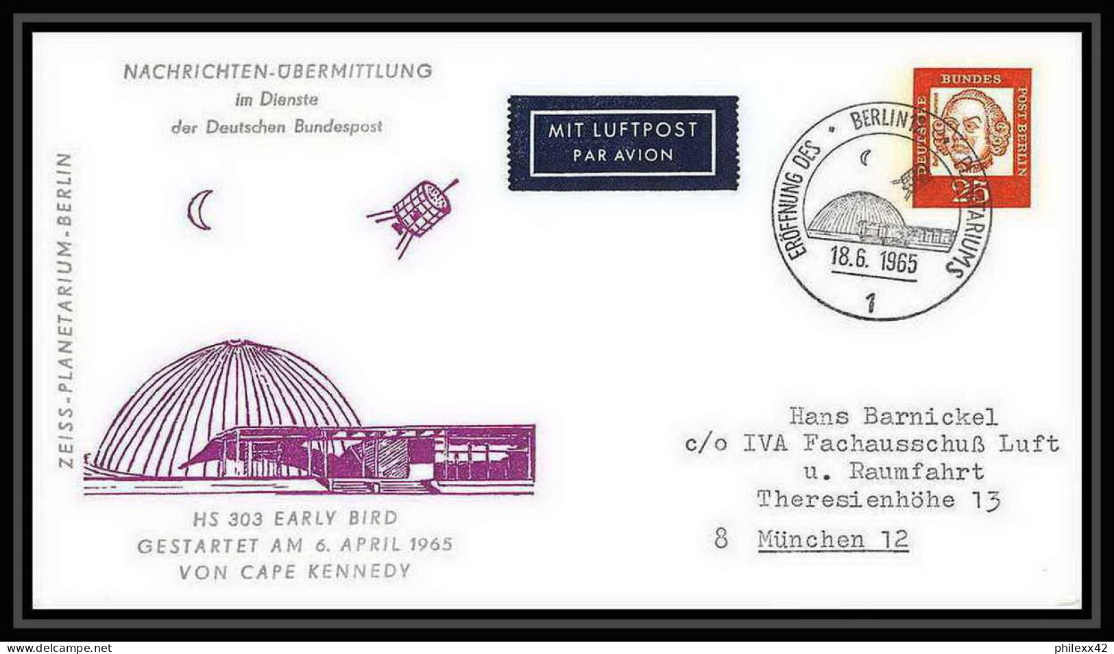 11753/ Espace (space Raumfahrt) Lettre (cover Briefe) 18/6/1965 Early Bird Allemagne (germany BERLIN) - Europe