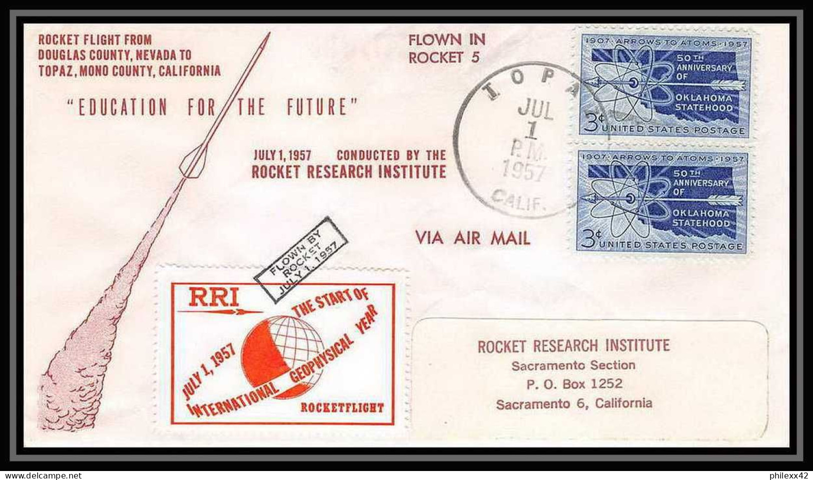 11691/ Espace (space Raumfahrt) Lettre (cover Briefe) 1/7/1957 Rri Rocket Research Institute Topaz Usa - Europe