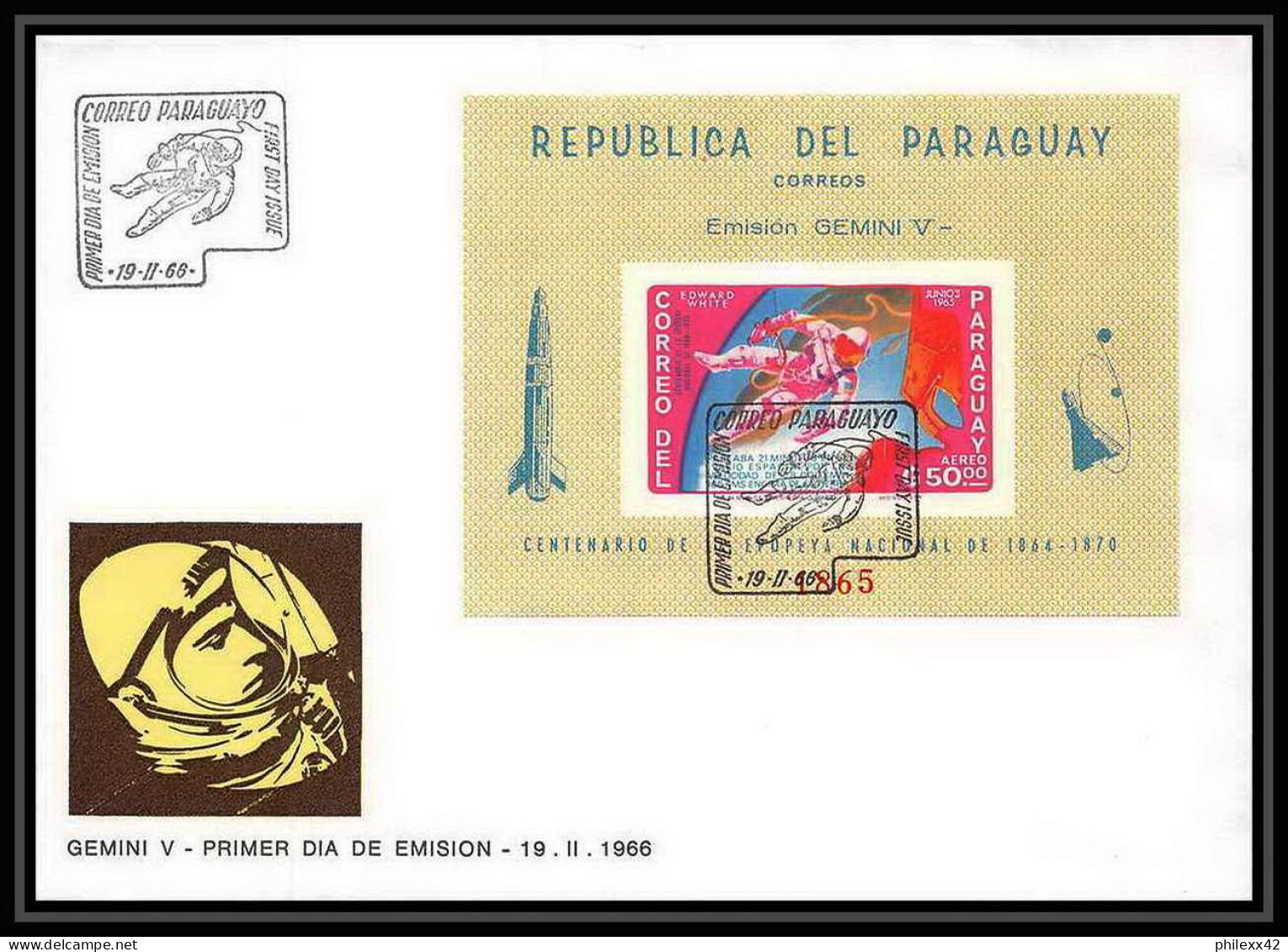 11374/ Espace (space Raumfahrt) Lettre (cover Briefe) Fdc Gemini 5 Non Dentelé (imperforate) Paraguay 19/2/1966 - South America