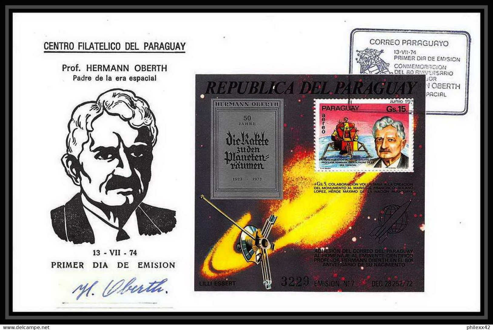 11356/ Espace (space) Lettre (cover) Signé (signed Autograph) Oberth Fdc Paraguay 1974 - South America