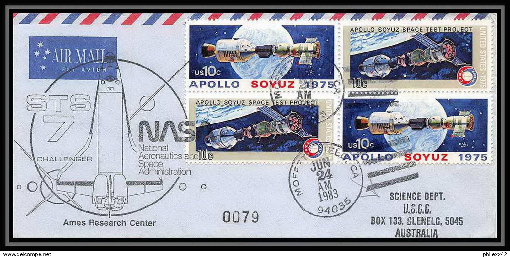 11288/ Espace (space) Lettre (cover) 24/6/1975 Sts-7 Moffett Shuttle (navette) Challenger Numéroté USA - United States