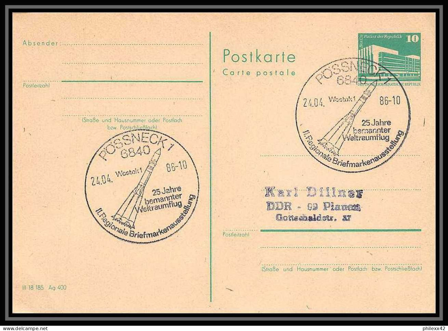 11184/ Espace Space Entier Postal (Stamped Stationery) Allemagne (germany DDR) 24/4/1986 Possneck Vostok 1 - Europe