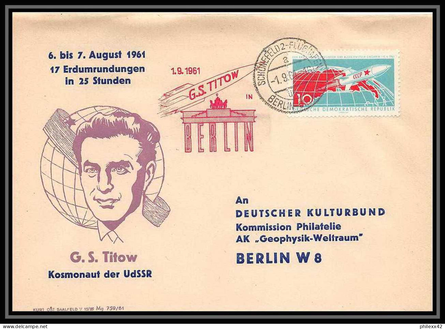 11089/ Espace (space Raumfahrt) Lettre (cover Briefe) 1/9/1961 Cosmonaut Titov Titow Allemagne (germany DDR)  - Europa