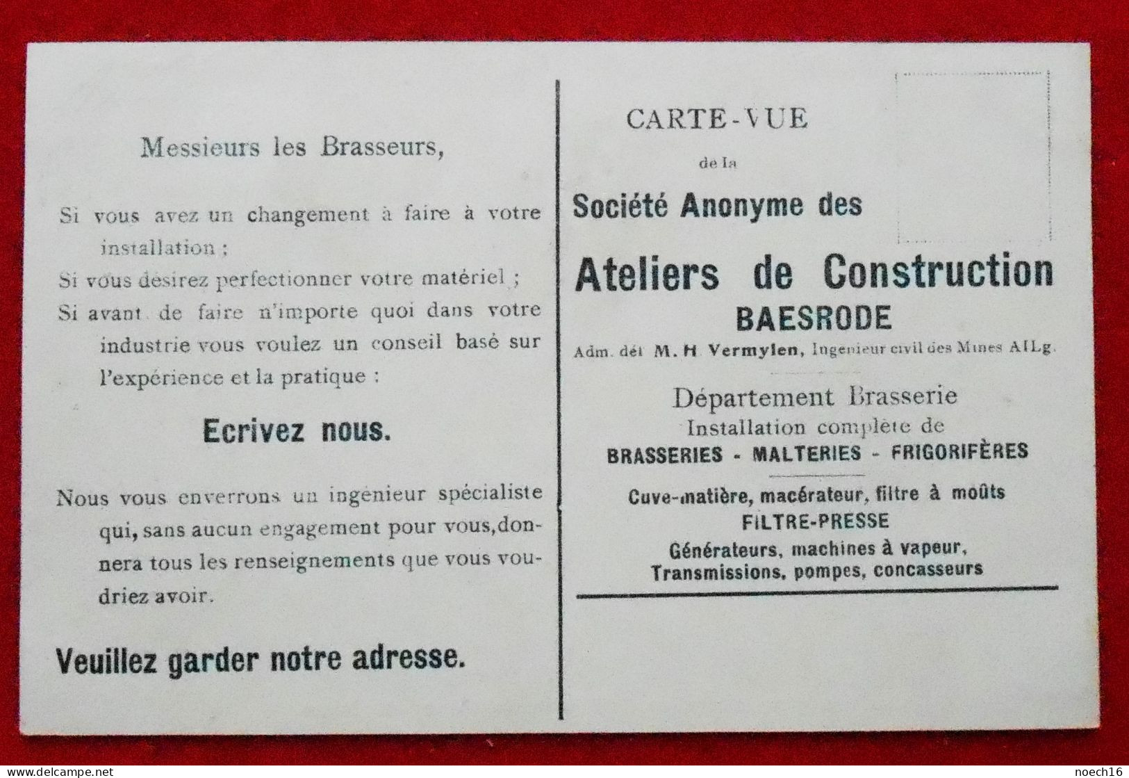 CPA Publicité Baesrode, Dendermonde. Ateliers De Construction, Département Brasserie - Dendermonde