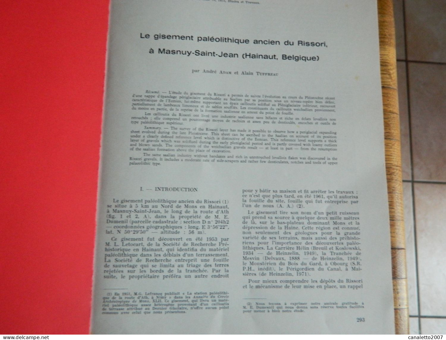 MASNUY ST JEAN :LE GISEMENT  PALEOLITHIQUE   ANCIEN DU RISSORI -1973 - Belgique