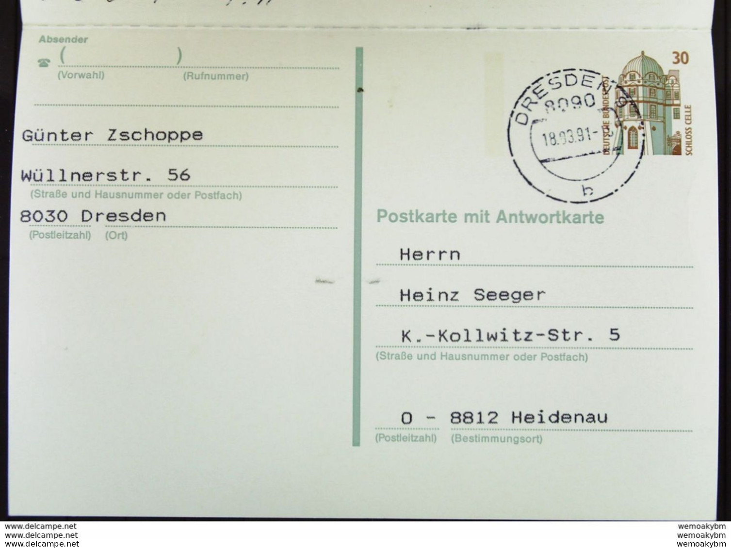 BRD-VGO: Gs-Karte Mit 30 Pf Celle Kompl. Gest. Dresden 18.3.91 U. Heidenau 2.4.91 Neues Porto -Erstleerung! Knr: P148 - Cartes Postales - Oblitérées