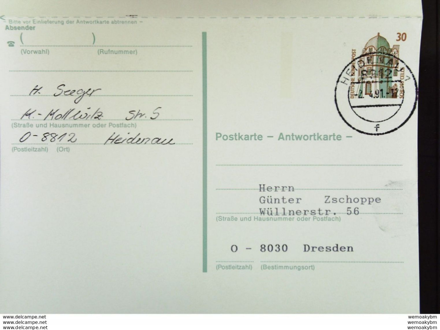 BRD-VGO: Gs-Karte Mit 30 Pf Celle Kompl. Gest. Dresden 18.3.91 U. Heidenau 2.4.91 Neues Porto -Erstleerung! Knr: P148 - Postkarten - Gebraucht
