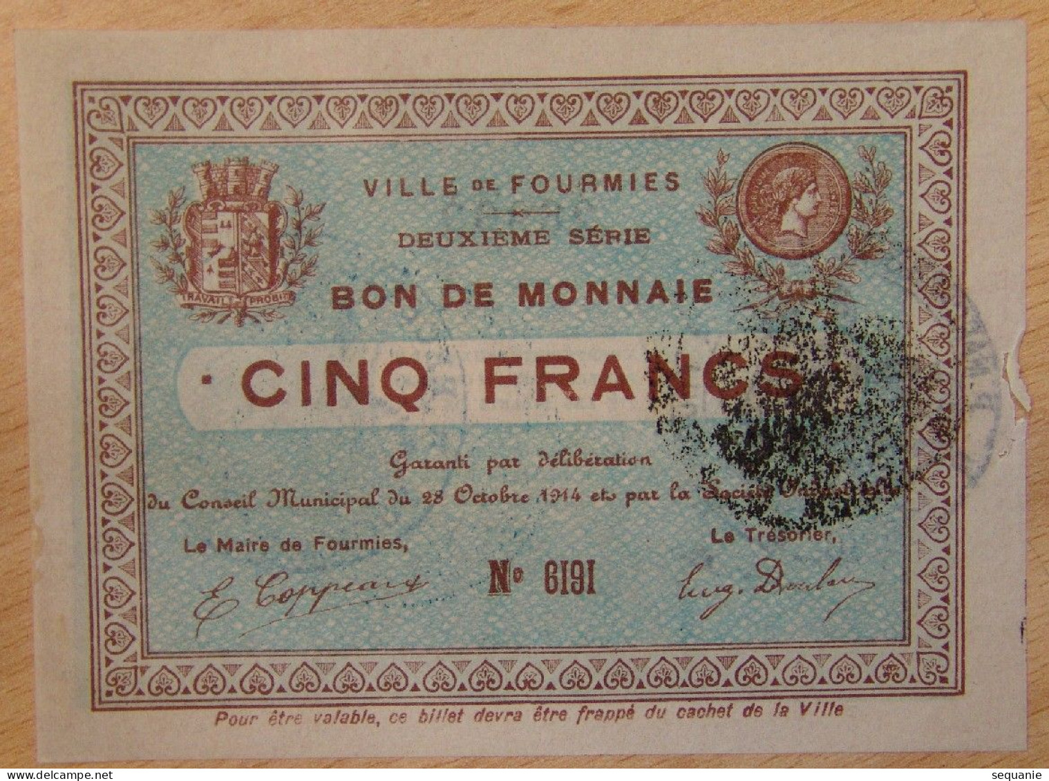 FOURMIES ( 59- NORD)  5 Francs Bon De Monnaie 28-10-1914 - Bons & Nécessité