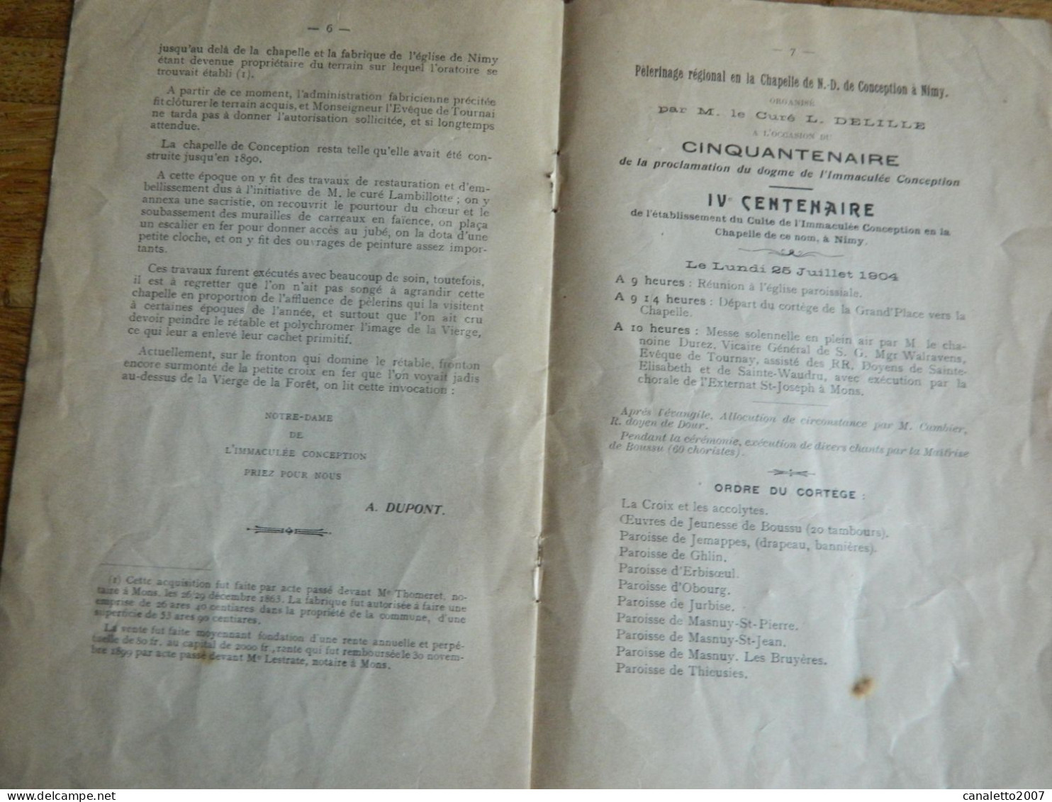 NIMY: NOTICE SUR LA CHAPELLE DE N-D DE CONCEPTION A NIMY PELERINAGE DU 25 JUILLET 1904 -ORDRE DU CORTEGE-8 PAGES - Belgium