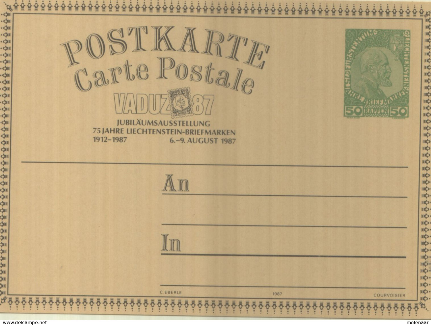 Postzegels > Europa > Liechtenstein > Postwaardestukken Briefkaart 50 Rappen Groen 1987 (16762) - Ganzsachen