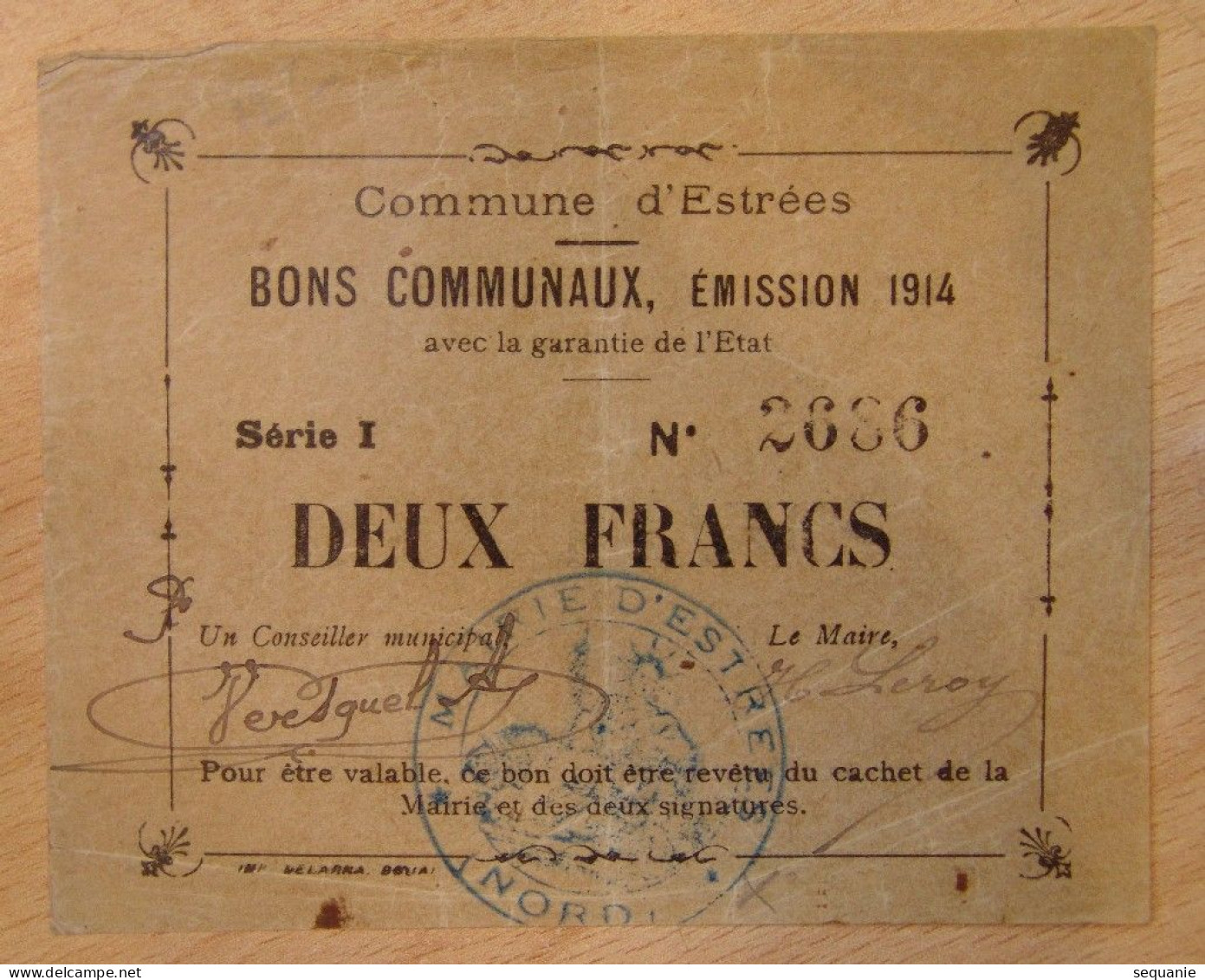 ESTREES ( 59- NORD)  Bons Communaux 2 Francs 1914 Série I - Buoni & Necessità