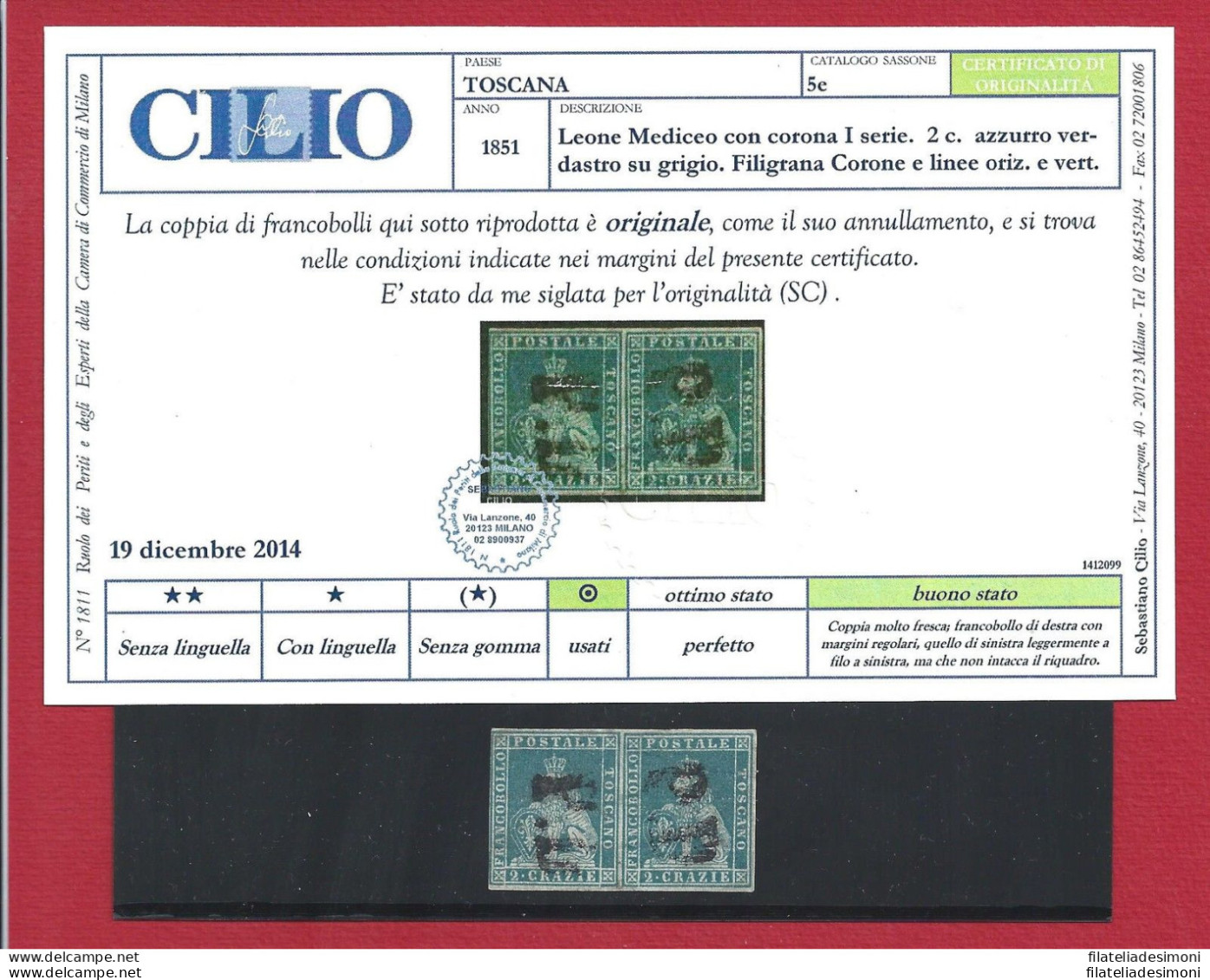 1851-52 TOSCANA, N° 5e 2 Cr. Azzurro Verdastro  COPPIA USATA  Certificato Cilio - Toscana