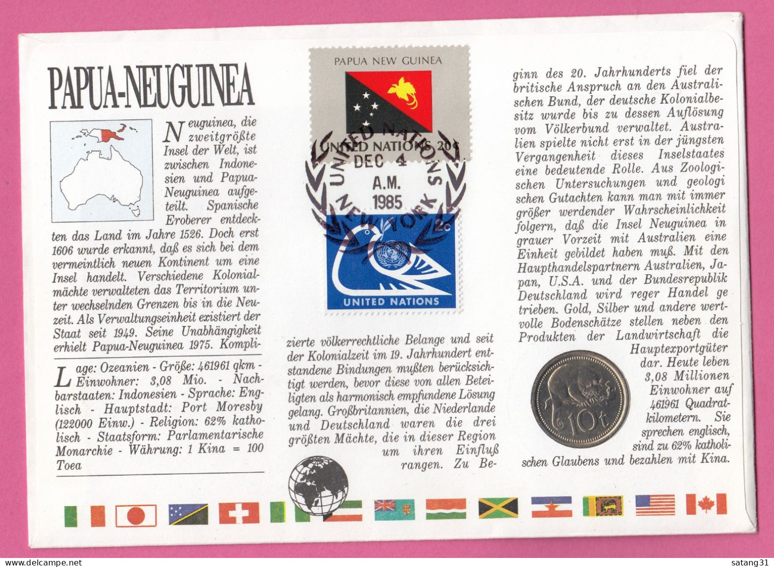 PAPOUASIE NOUVELLE GUINEE.ENVELOPPE AVEC TIMBRE ET MONNAIE,1986. - Münzen