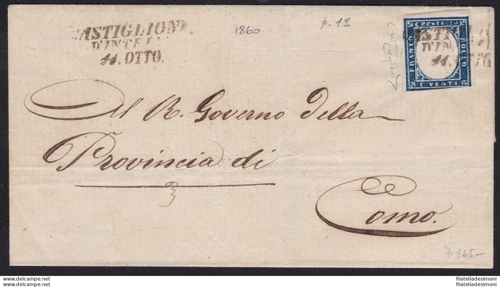 1860 SARDEGNA, 20 Cent. Su Lettera Con Annullo CASTIGLIONE D'INTELVI Punti 12 - Sardegna