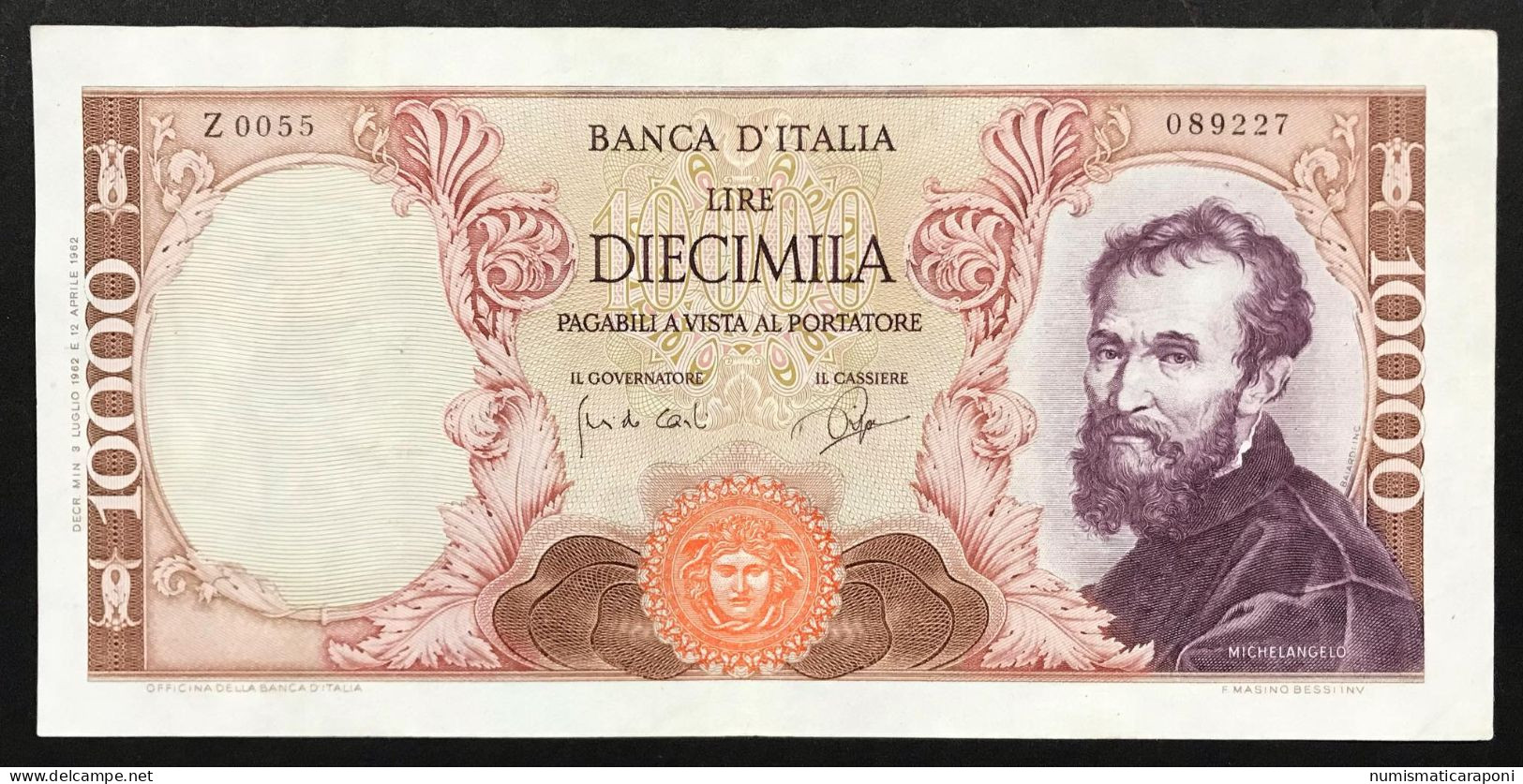 10000 LIRE MICHELANGELO 03 07 1962 Bb+ Pressata LOTTO 378 - 10000 Lire