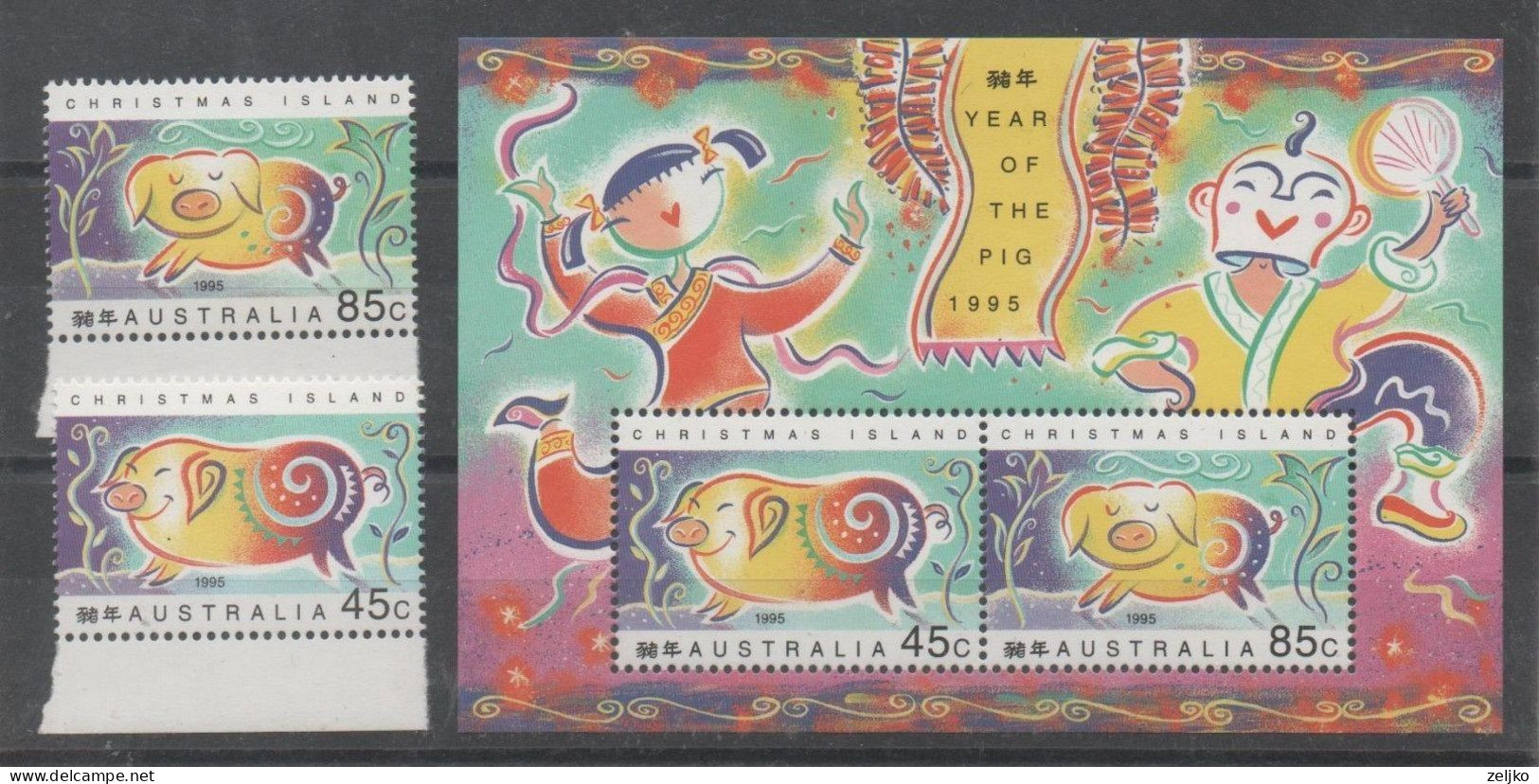 Christmas Island 1995, MNH, Michel 405 - 406, Bl 9, Year Of The Pig - Christmaseiland