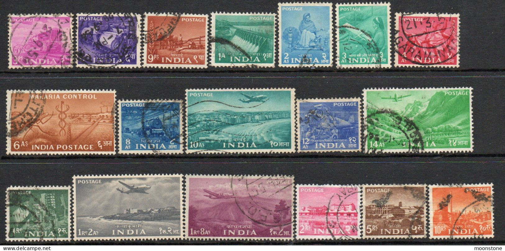 India 1955 Five Year Plan Definitives, Complete Set Of 18, Used (1r2a, Hinged Mint), SG 354/71 (E) - Usati