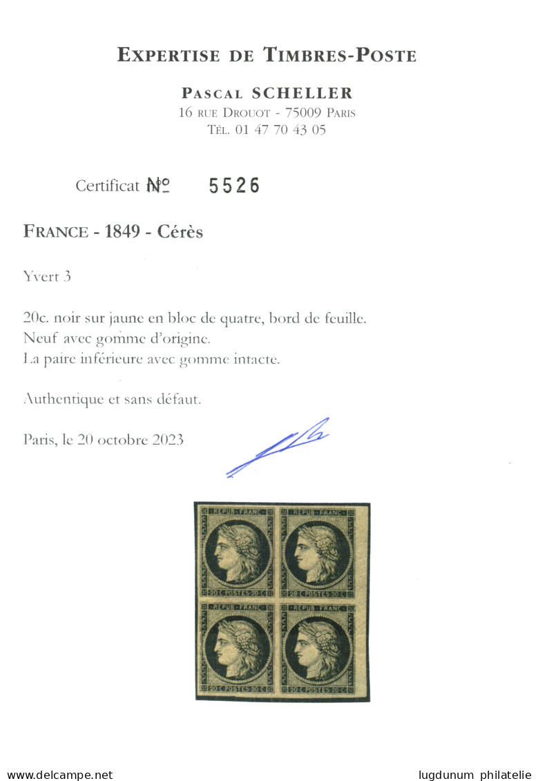 20c Noir Sur Jaune (n°3) En Bloc De 4 Bord De Feuille. La Paire Inférieure **, La Paire Supérieure *. Trés Frais. Certif - 1849-1850 Ceres