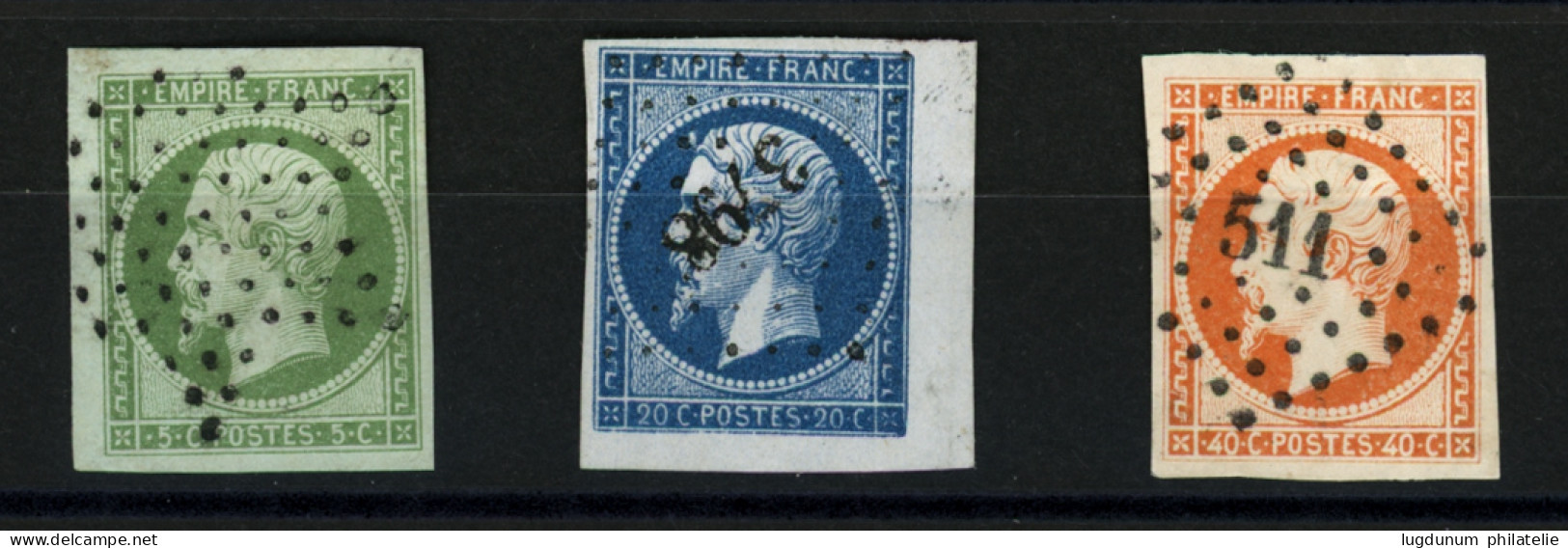 5c (n°12) + 20c (n°14) Coin De Feuille + 40c (n°16) Oblitérés. Qualité Choisie. Superbe. - 1853-1860 Napoleone III