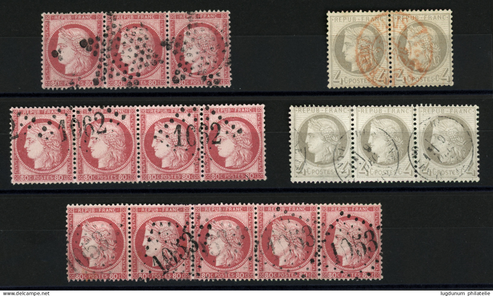 4c CERES (n°52) Paire Obl. Cachet Rouge + Bande De 3 Et 80c CERES (n°57) Bande De 3 + Bande De 4 + Bande De 5. TTB. - 1871-1875 Ceres