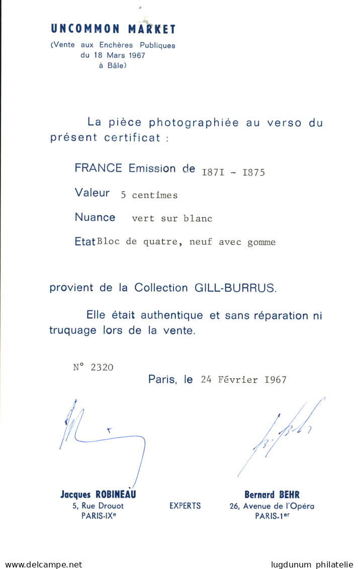 5c CERES Vert Sur Blanc (n°53a) Bloc De 4 Neuf (2 Ex. Du Haut * , 2 Ex. Du Bas **). Le Bloc De 4 Avec Charniére Cote 155 - 1871-1875 Cérès