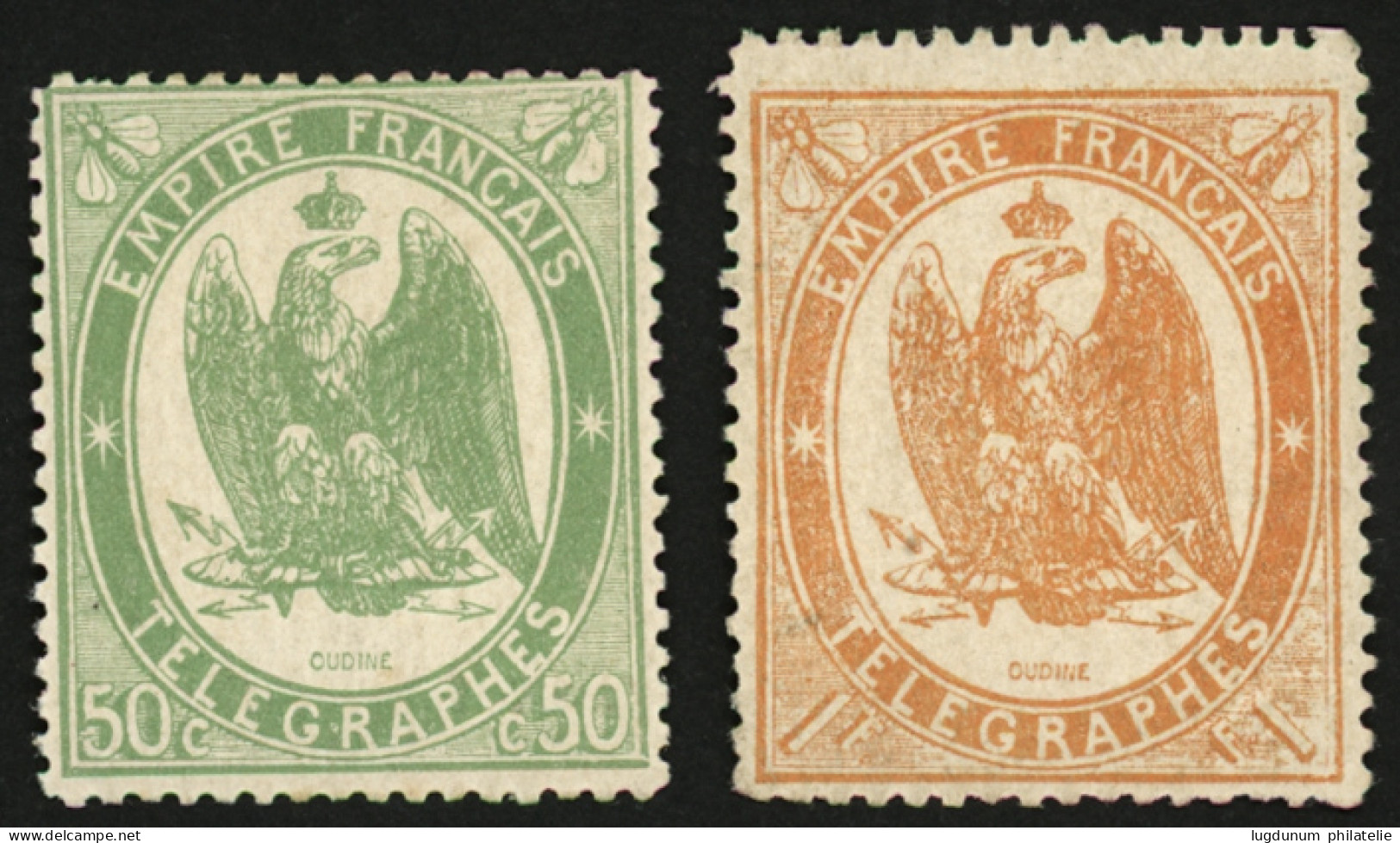 TIMBRES TELEGRAPHES 50c (n°6) + 1F (n°7) Neuf *. Cote 650€. Les 2 Timbres Signés BRUN. Superbe. - Telegraaf-en Telefoonzegels