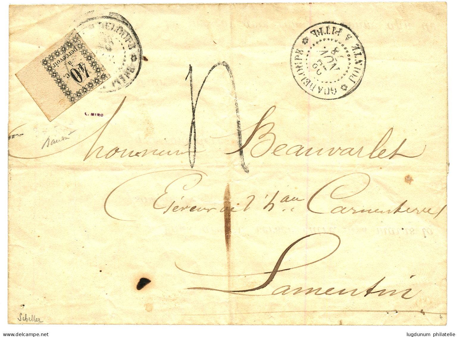 GUADELOUPE : 1878 40c TAXE (n°3) Bord De Feuille Obl. GUADELOUPE POINTE A PITRE + Taxe 4 Sur Lettre Avec Texte Pour LAME - Sonstige & Ohne Zuordnung