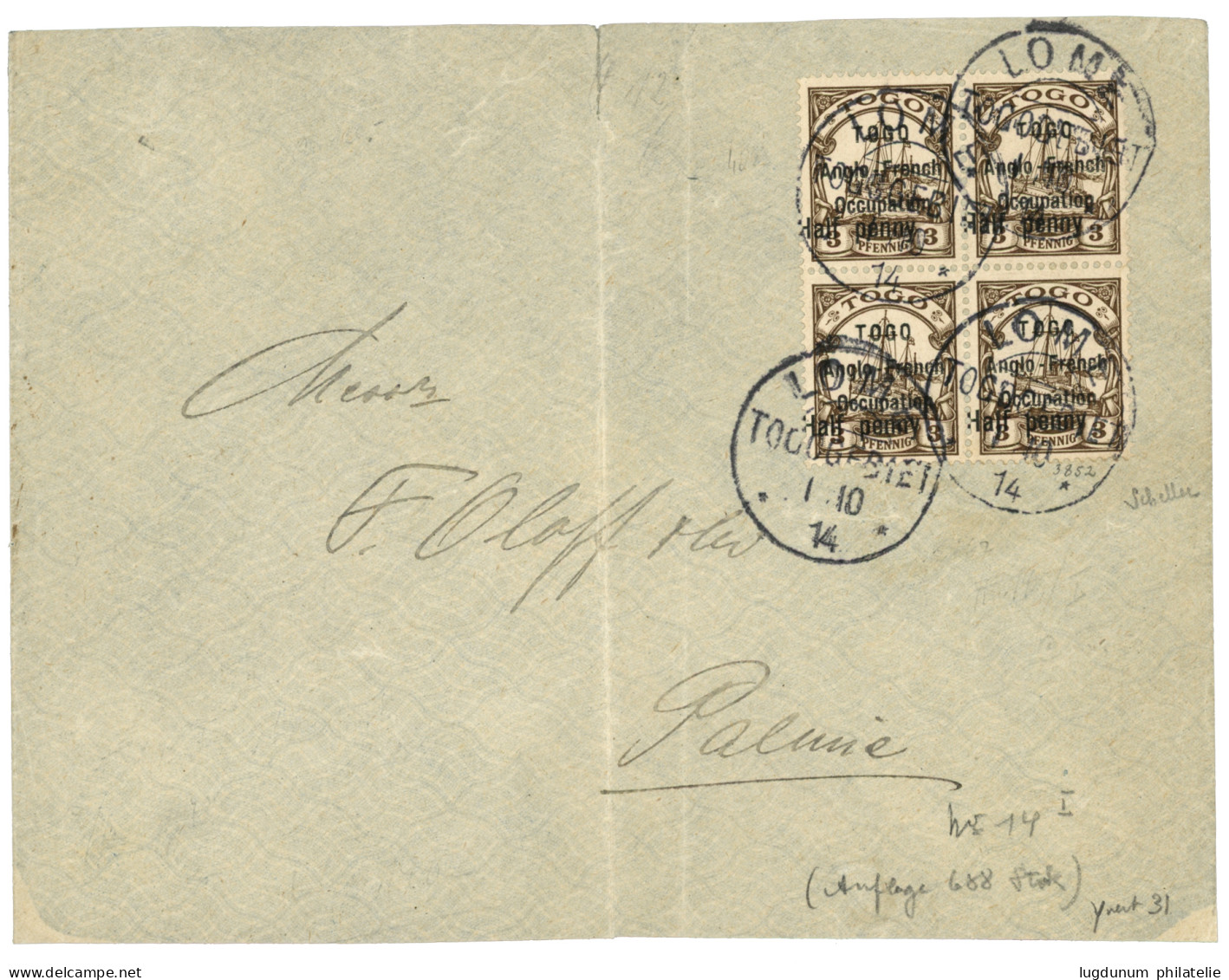 TOGO : 1914  Bloc De 4 Du 1/2p S/ 3pf Type I (n°31) Obl. LOME TOGOGEBIET Sur Enveloppe Pour PALMIE. Timbre Rare Sur Lett - Andere & Zonder Classificatie