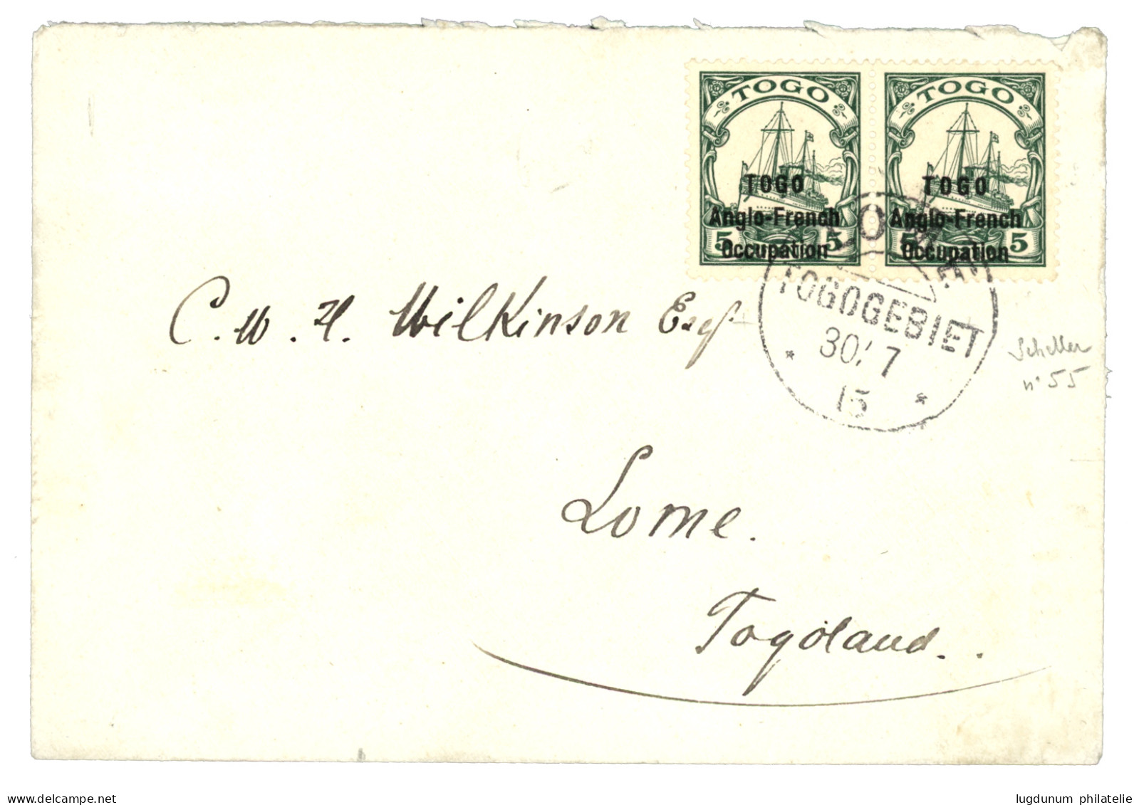 TOGO - Tirage SANSANE-MANGU : 1915  Paire 5pf (n°55) Obl. LOME TOGOGEBIET Sur Enveloppe Locale. Timbre Rare Sur Lettre ( - Sonstige & Ohne Zuordnung