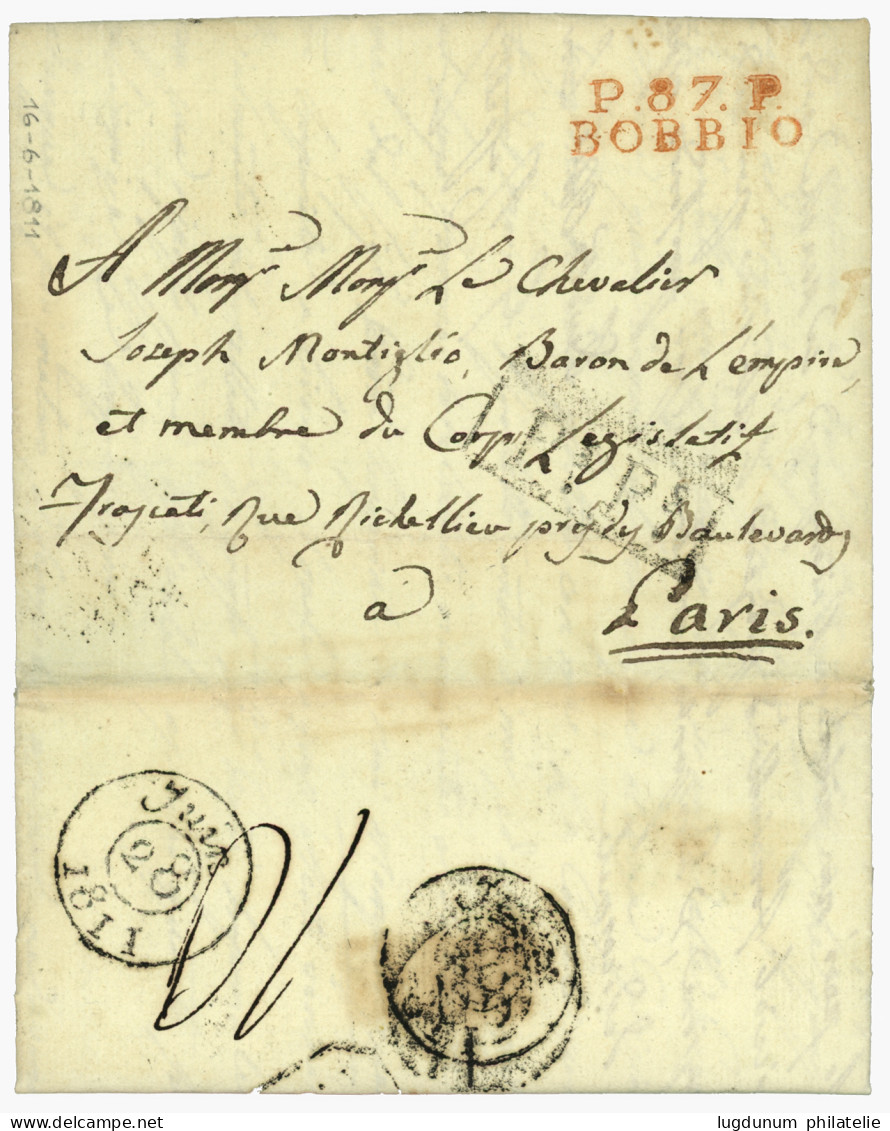 1811 P.87.P BOBBIO En Rouge Sur Lettre Avec Texte Pour PARIS. Superbe. - 1792-1815: Veroverde Departementen