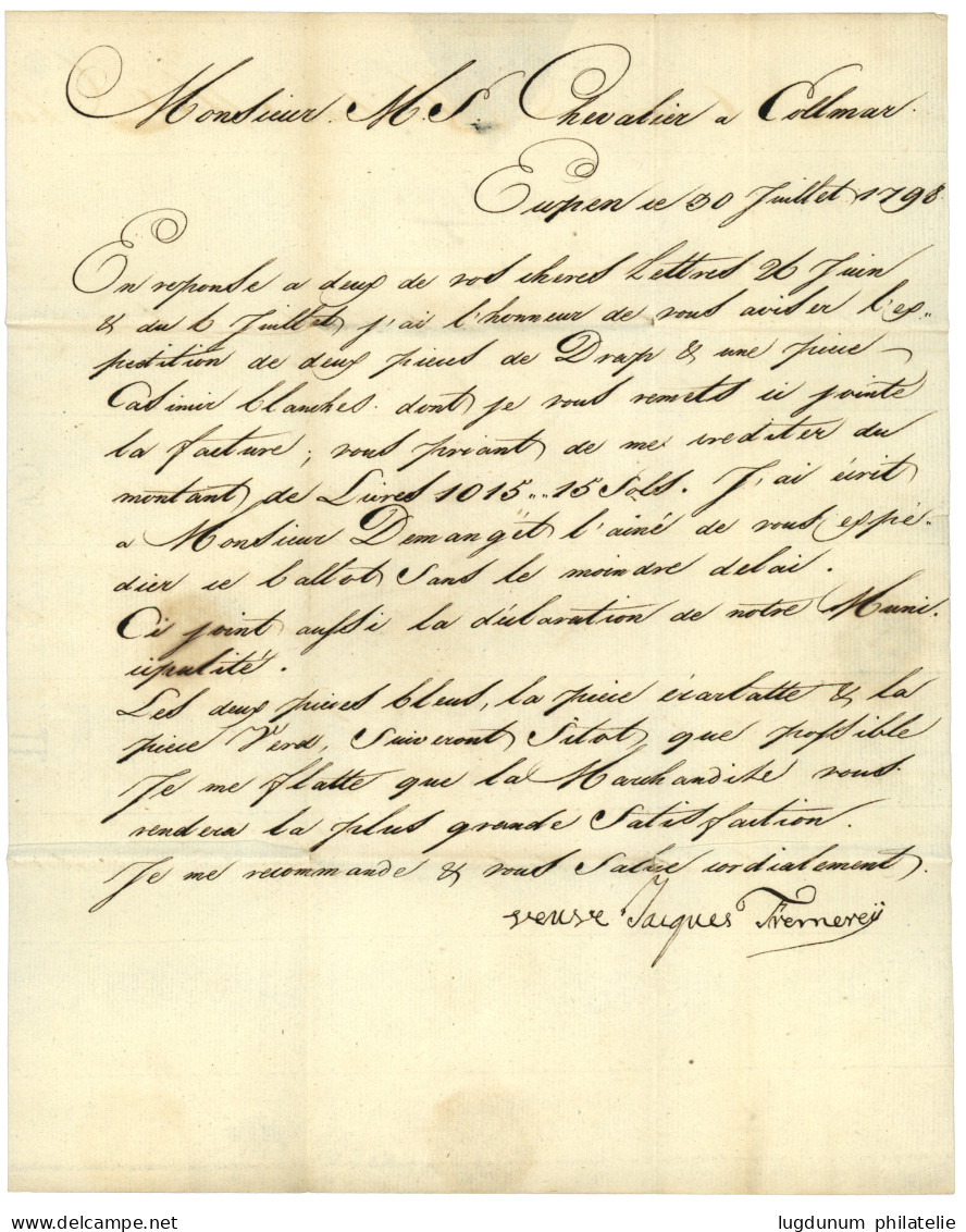 1798 AIX LA CH. Rouge + Grand Cachet PP Rouge Sur Lettre Avec Texte Daté "EUPEN" Pour COLMAR (ALSACE). GRANDE RARETE. Su - 1792-1815: Départements Conquis