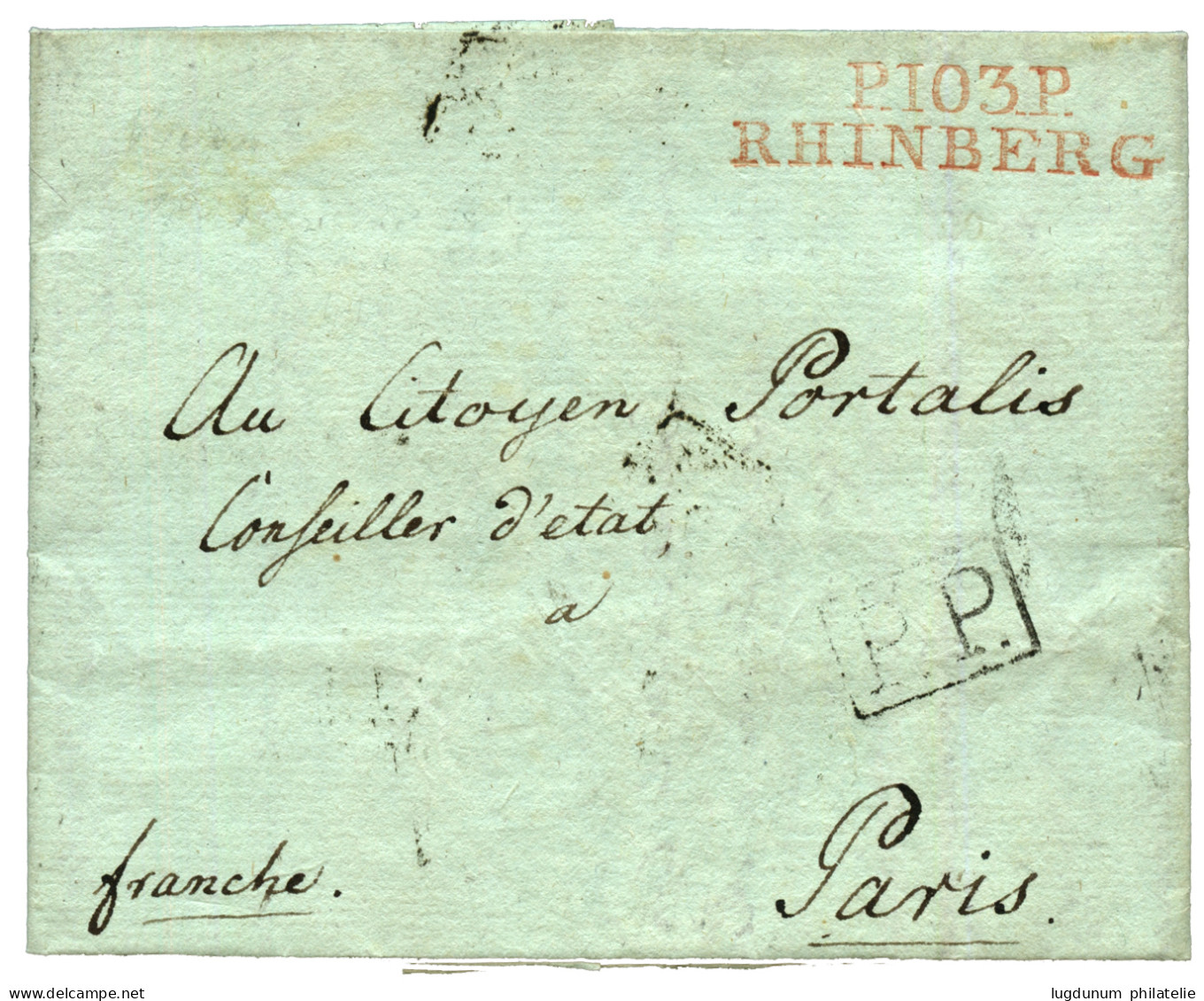 An 10 P.103.P RHINBERG Rouge Sur Lettre Pour PARIS. RARE. Luxe. - 1792-1815: Conquered Departments