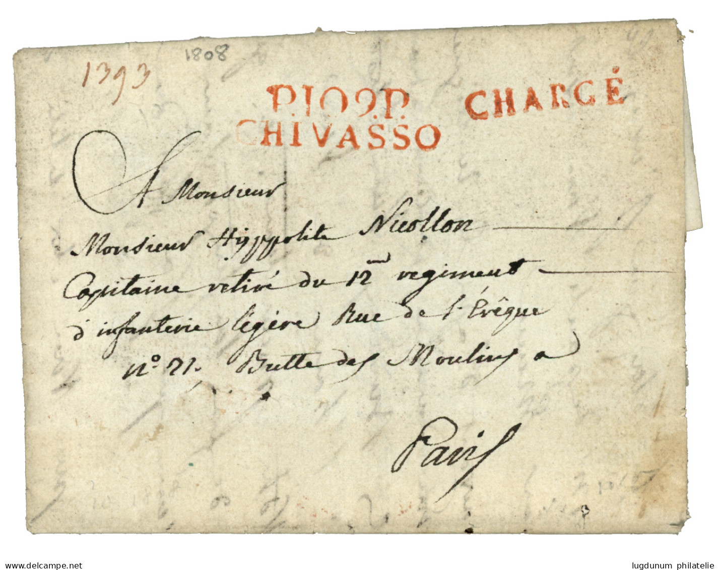 1808 P.109.P CHIVASSO + Griffe CHARGE Sur Lettre Avec Texte Pour PARIS. Trés Rare En CHARGE. Superbe. - 1792-1815: Conquered Departments