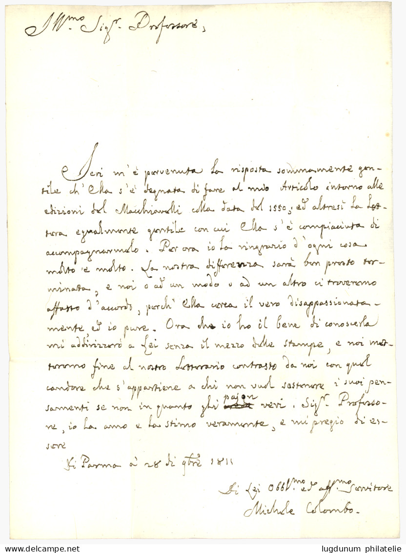 1811 P.111.P PARME En Rouge Sur Lettre  Avec Texte Pour BOLOGNA. Superbe. - 1792-1815: Veroverde Departementen