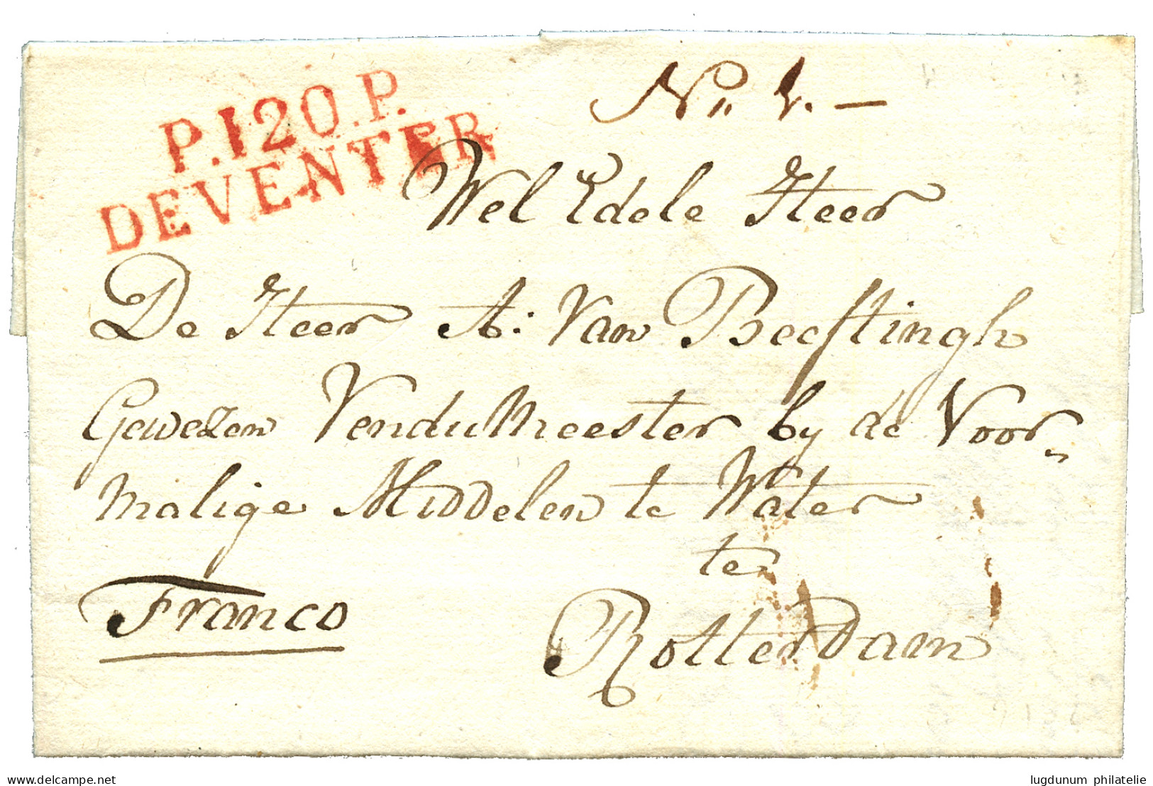1813 P.120.P DEVENTER En Rouge Sur Lettre Avec Texte Pour ROTTERDAM. RARE. Superbe. - 1792-1815: Conquered Departments