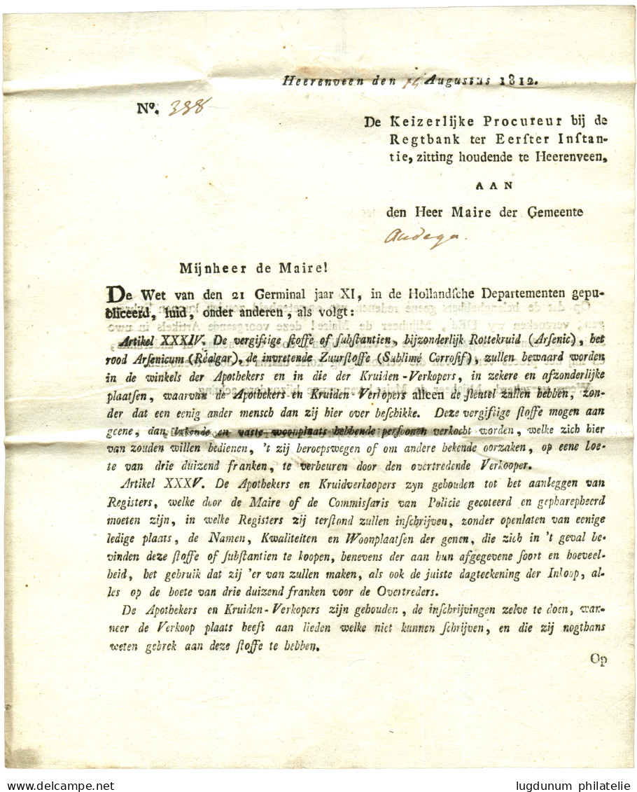 1812 P.122.P HEERENVEEN  Sur Lettre Avec Texte . RARE. Superbe. - 1792-1815: Dipartimenti Conquistati