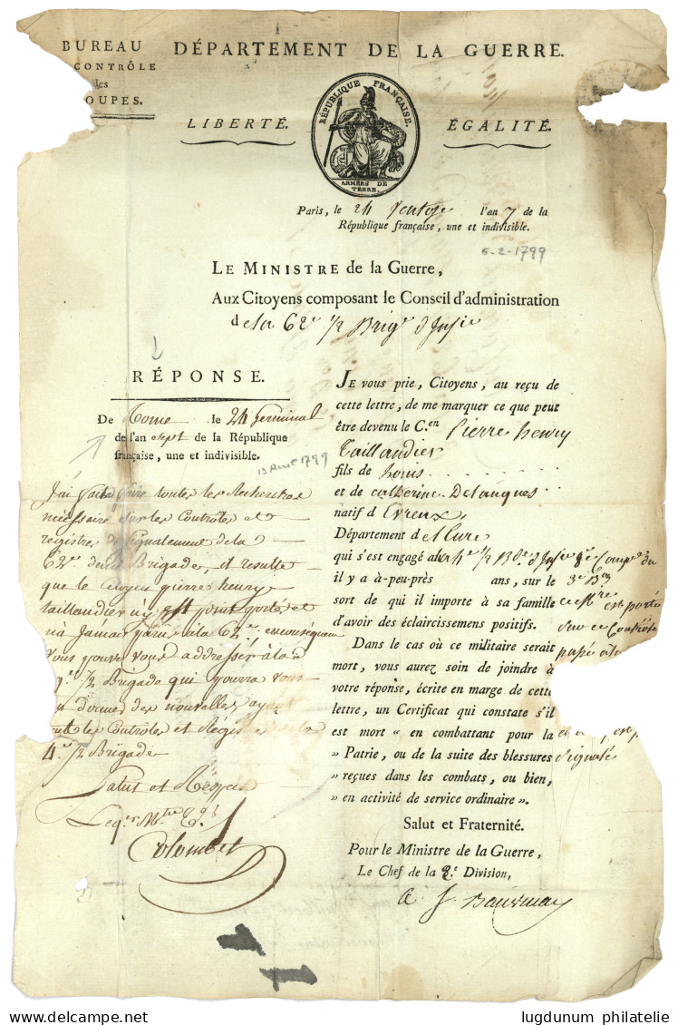 An 7 ARMEE DE NAPLES / IDon Sur Lettre Réutilisée (MINISTERE De La GUERRE Demande De Rensignements Sur Un Soldat)  Datée - Army Postmarks (before 1900)
